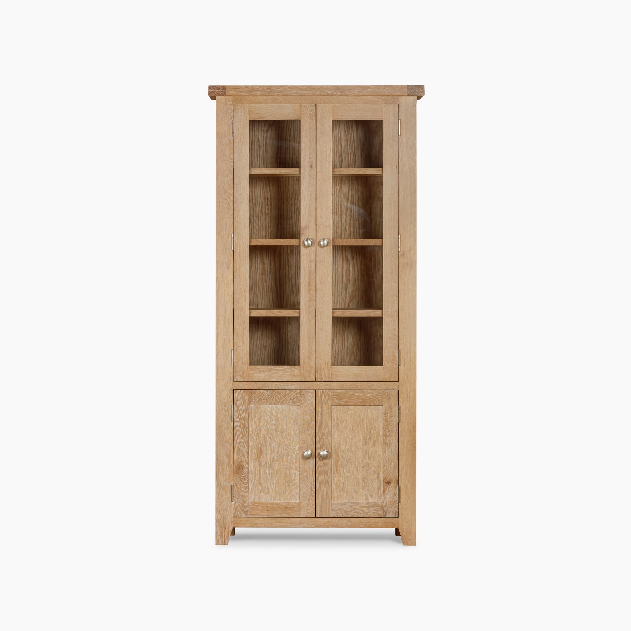 Tall wooden cabinet with glass-paneled doors on top and solid doors below, featuring metal knobs.