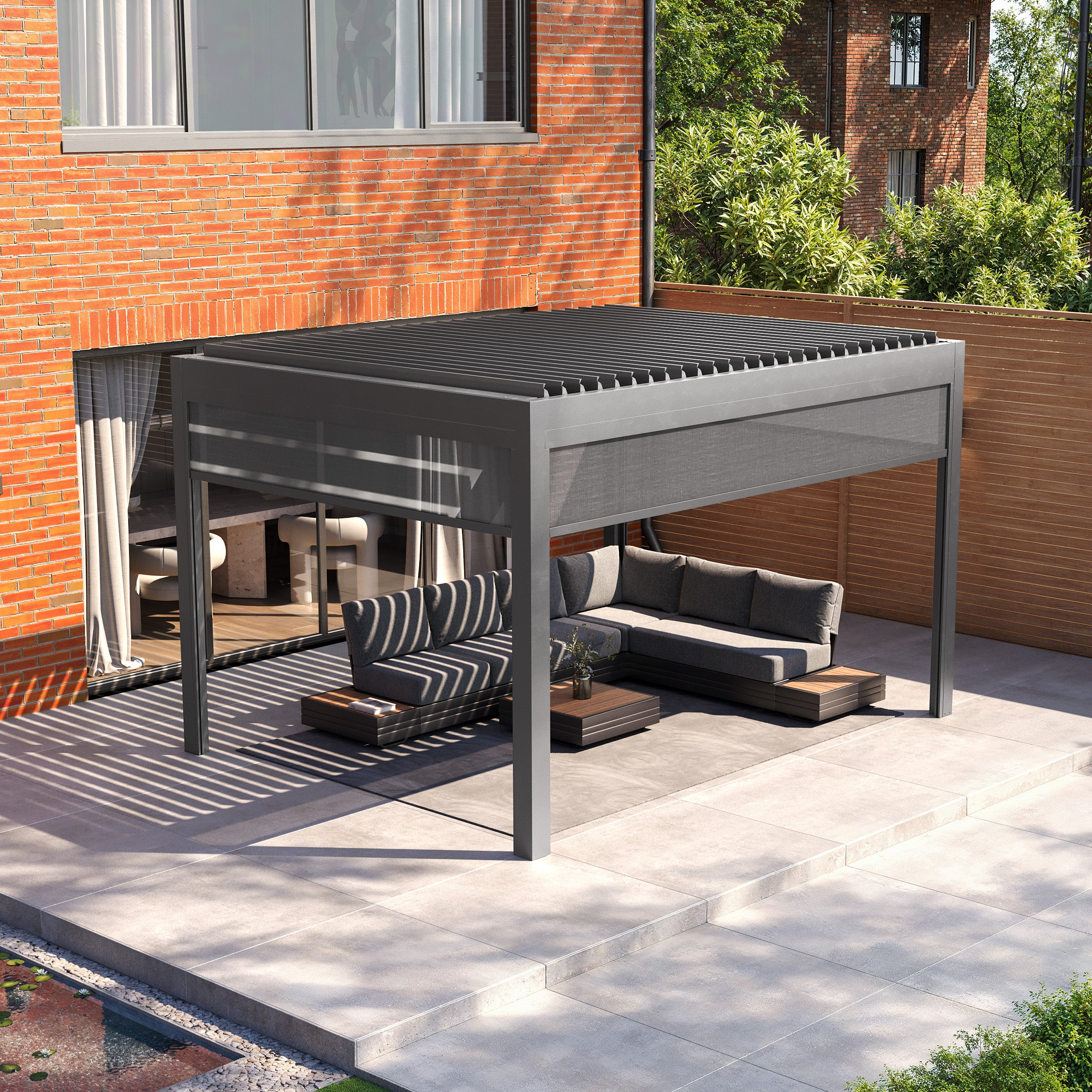 A modern metal pergola with adjustable slats and a remote control icon on the left.