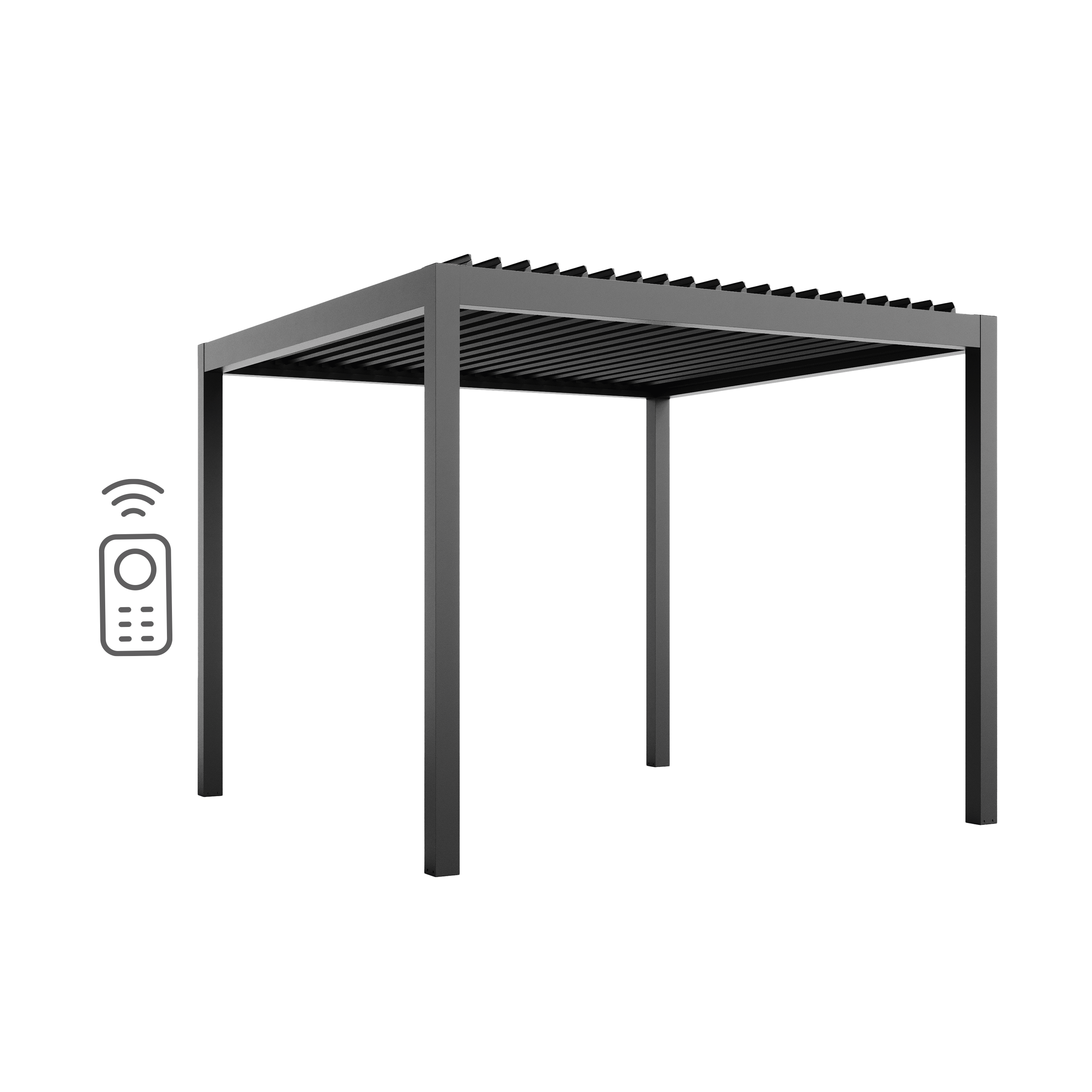 A modern metal pergola with adjustable slats and a remote control icon on the left.