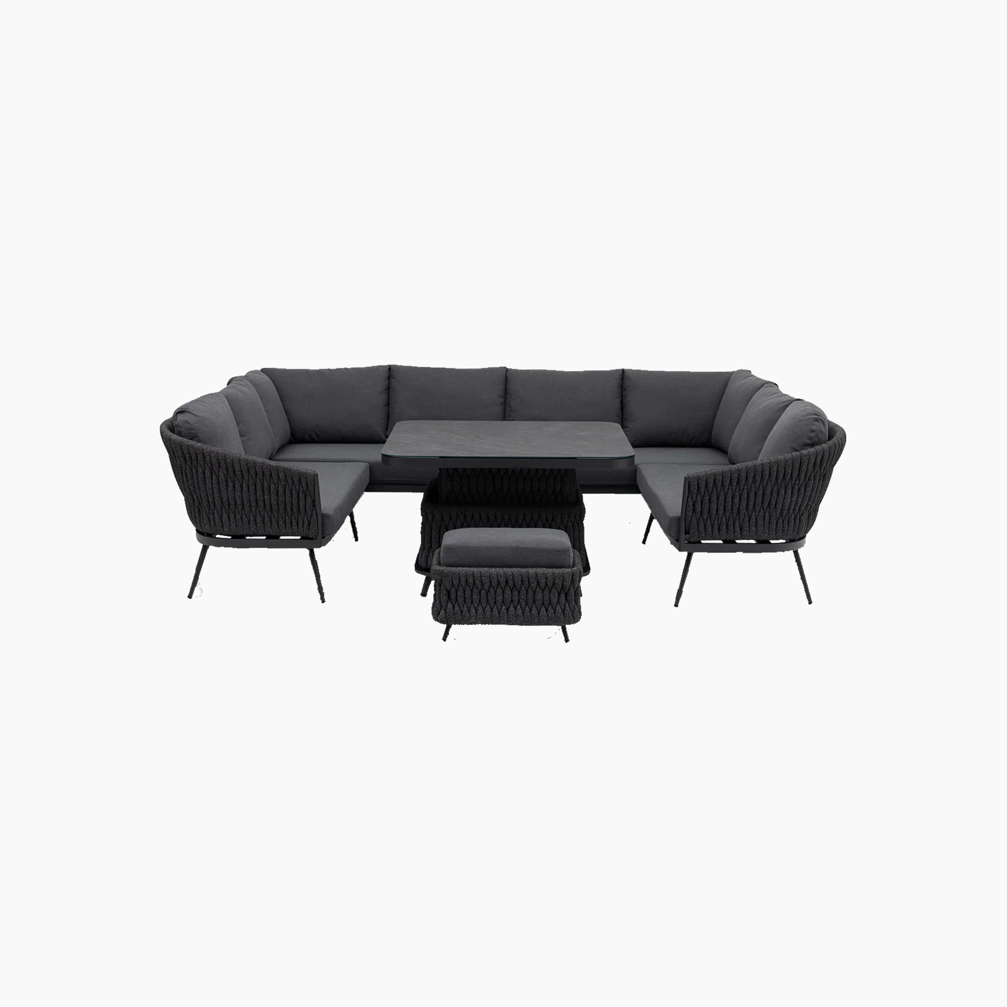 Modern outdoor sectional sofa set with a dark gray finish, including a table and ottomans.