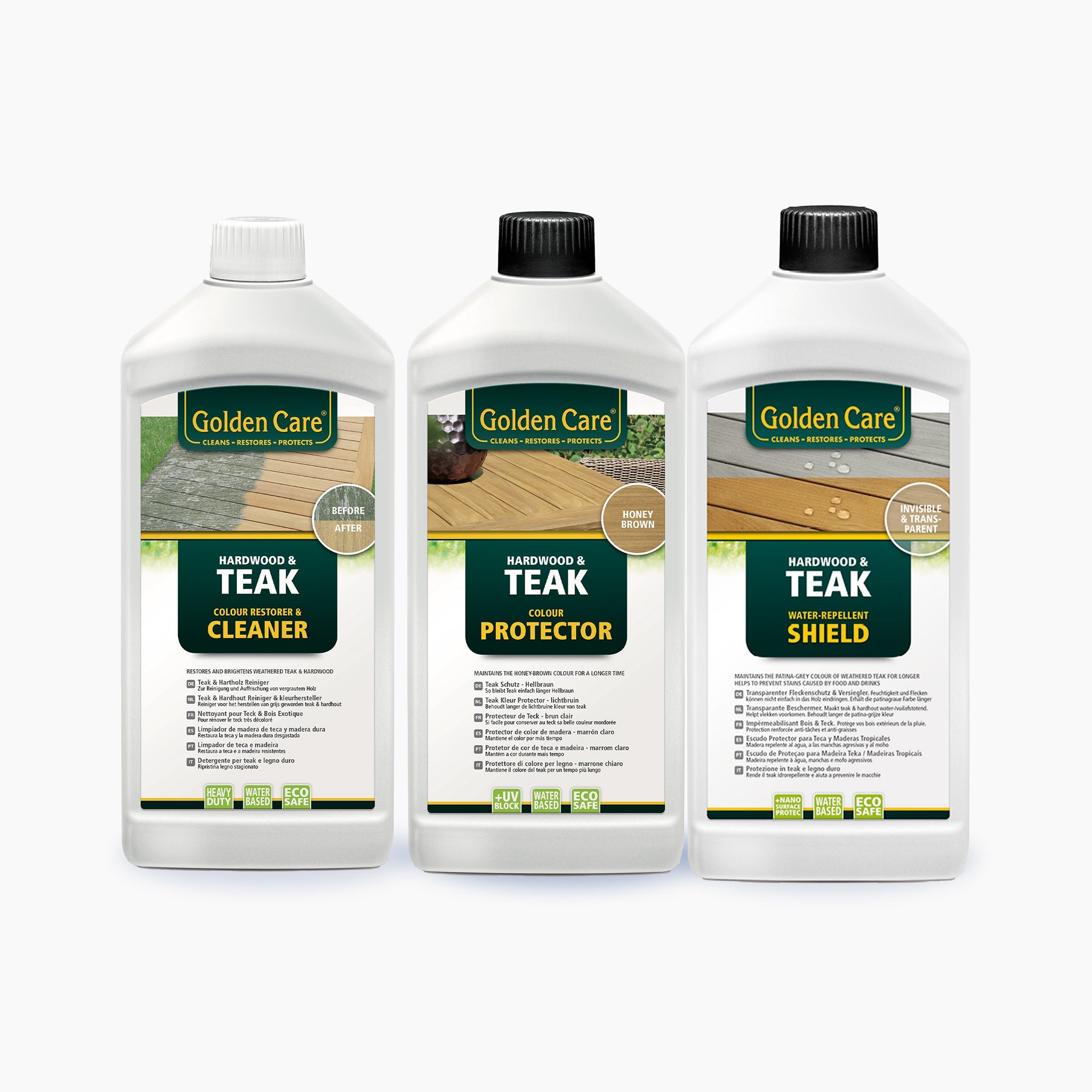 Three bottles of Golden Care teak products: Cleaner, Protector, Shield, with green labels on a white background.