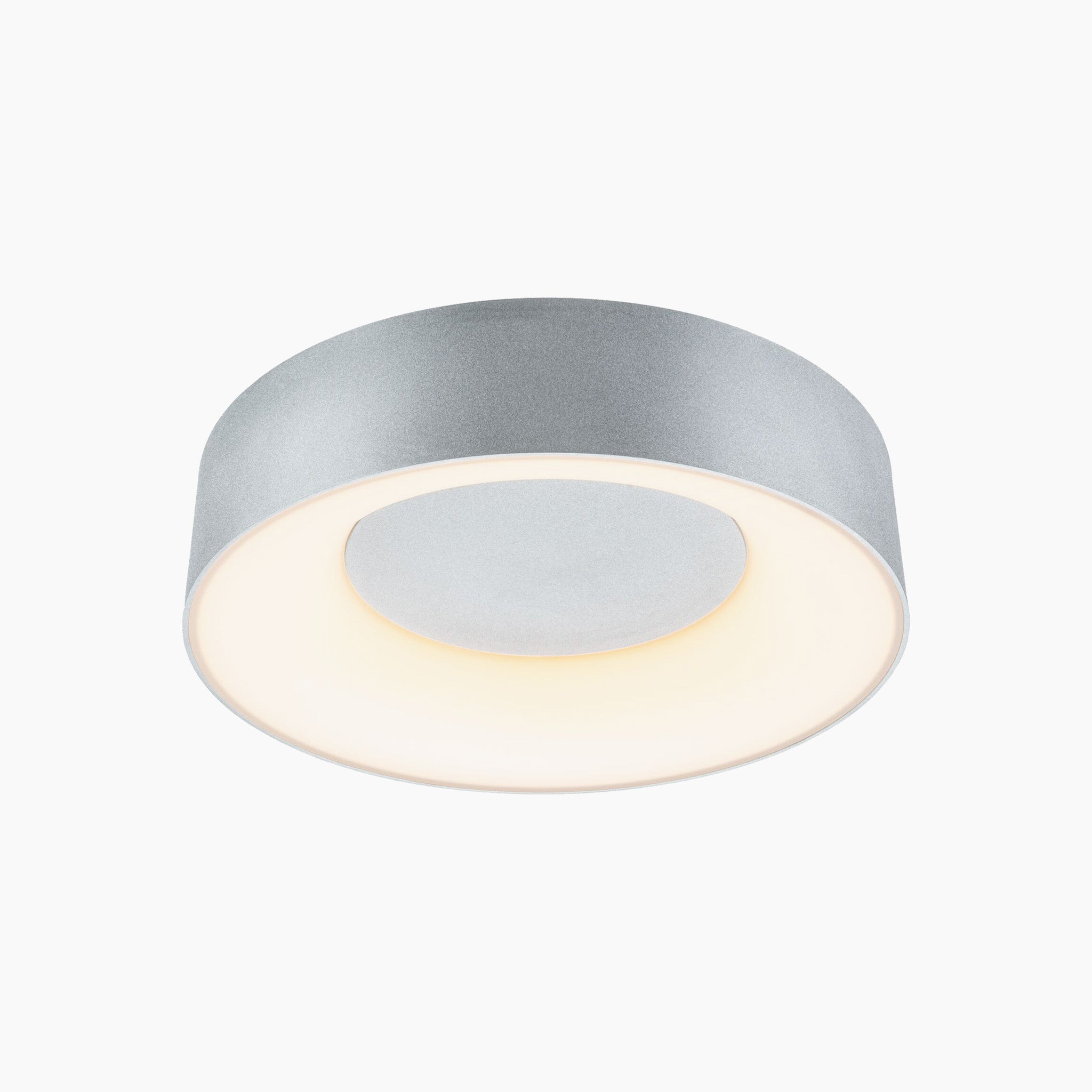 Round ceiling light fixture with a modern, minimalist design, featuring a metal rim and soft white illumination.