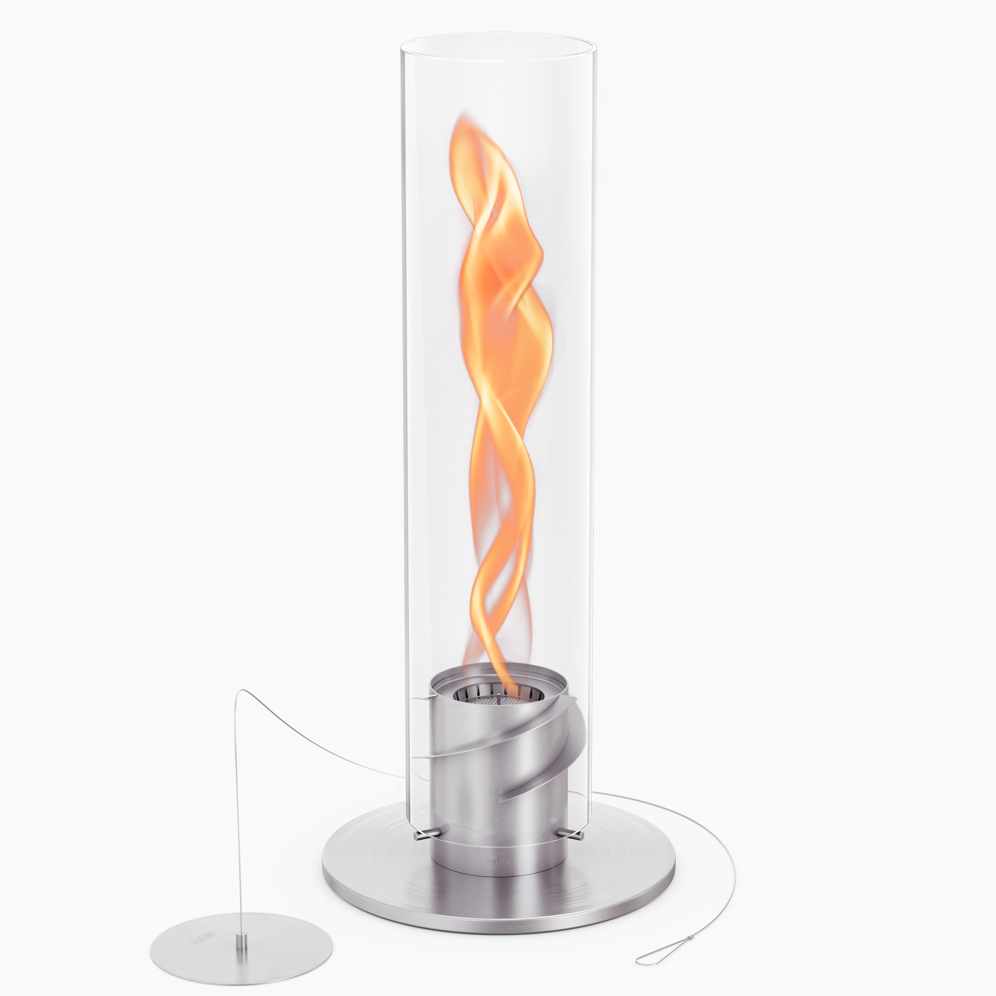 The Höfats SPIN 1500 Tabletop Fireplace Silver is a decorative glass cylinder tabletop fireplace that features stunning orange flames within a sleek, modern metal base and uses bioethanol fuel for a clean and elegant flame whirl.