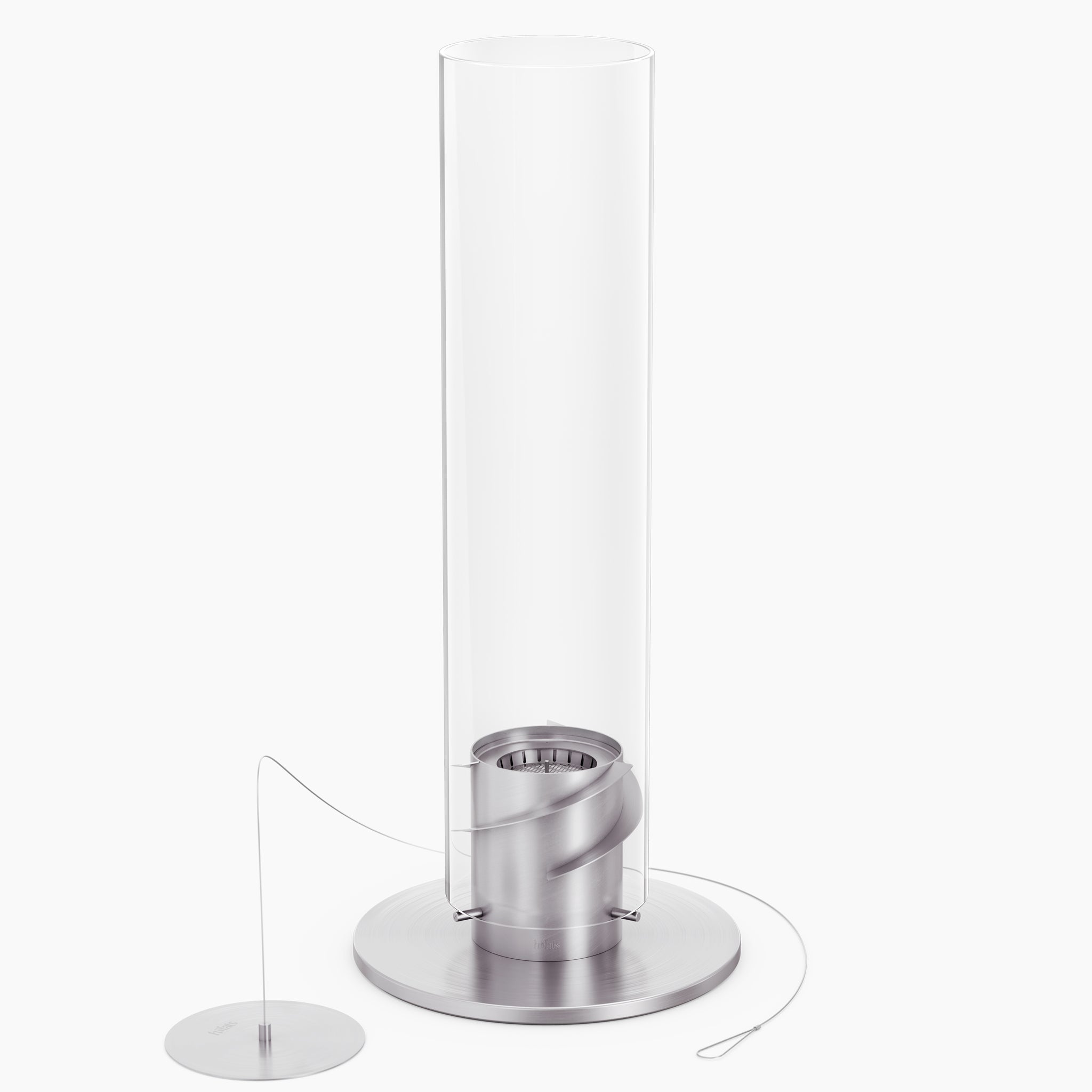 The Höfats SPIN 1500 Tabletop Fireplace Silver features a tall, decorative glass cylinder on a metal base with a cable connected to a small circular metal plate, perfect for showcasing the mesmerizing dance of a flame whirl.