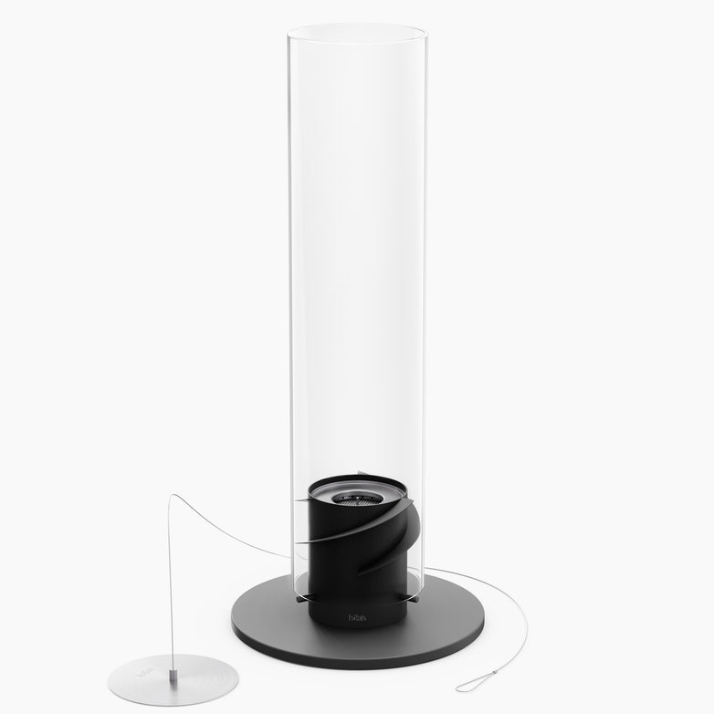 A sleek, modern-looking standing speaker with a transparent cylindrical design, black base, and attached cable reminiscent of the Höfats SPIN 1500 Tabletop Fireplace Black's decorative glass cylinder.