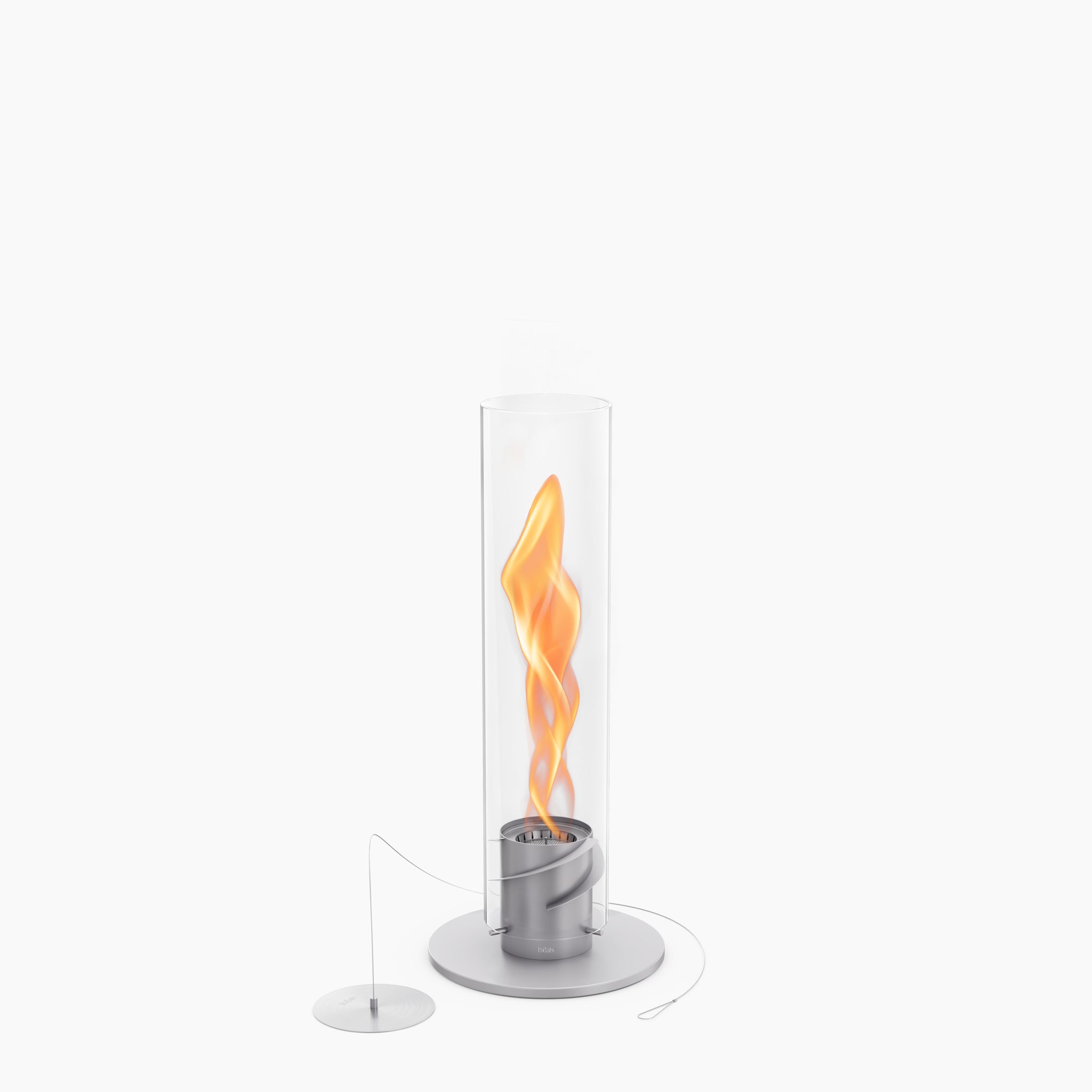 The Höfats SPIN 900 Tabletop Fireplace Grey is a modern fire pit featuring a bioethanol-fueled, visible flame encased in a decorative glass cylinder, all set against the grey background.