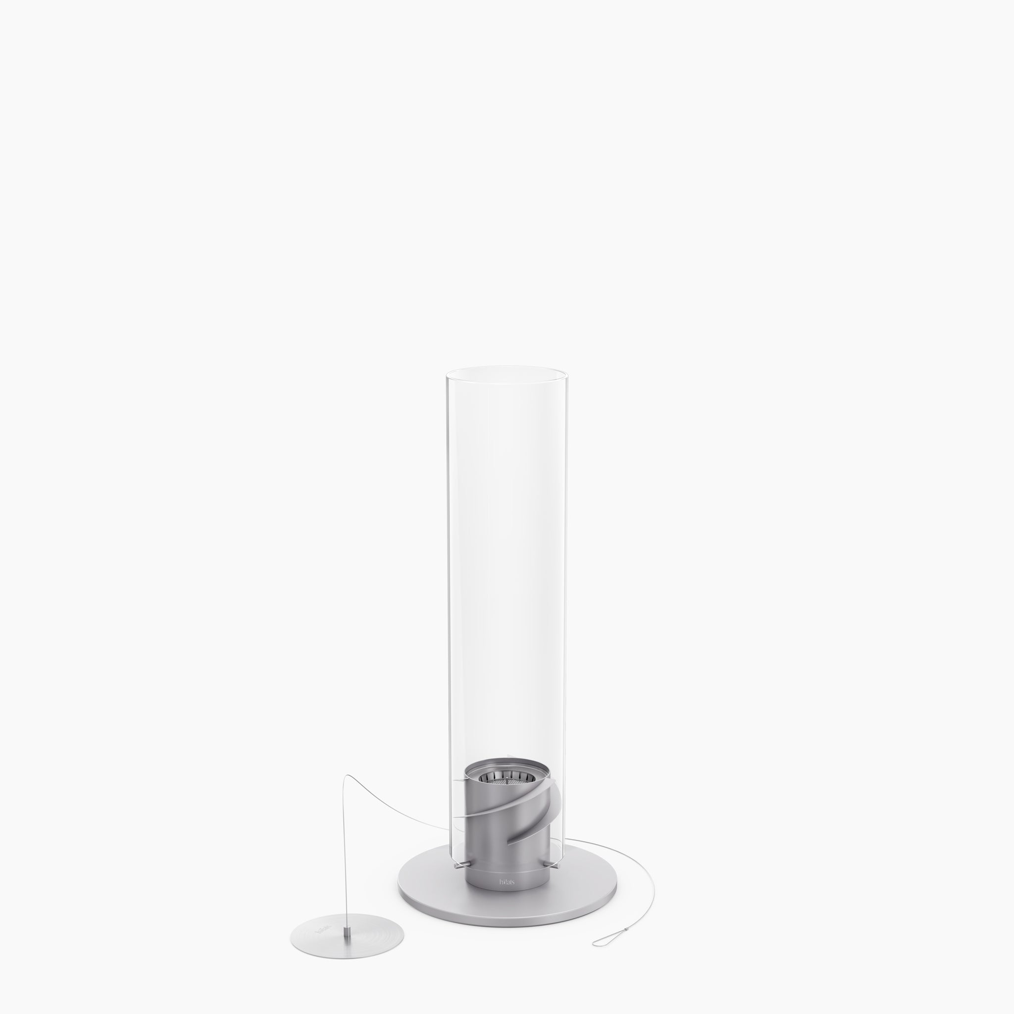 A tall, cylindrical, decorative tabletop fireplace with a stainless steel base and a separate metal lid on a white background. The Höfats SPIN 900 Tabletop Fireplace in Grey is designed for use with bioethanol.