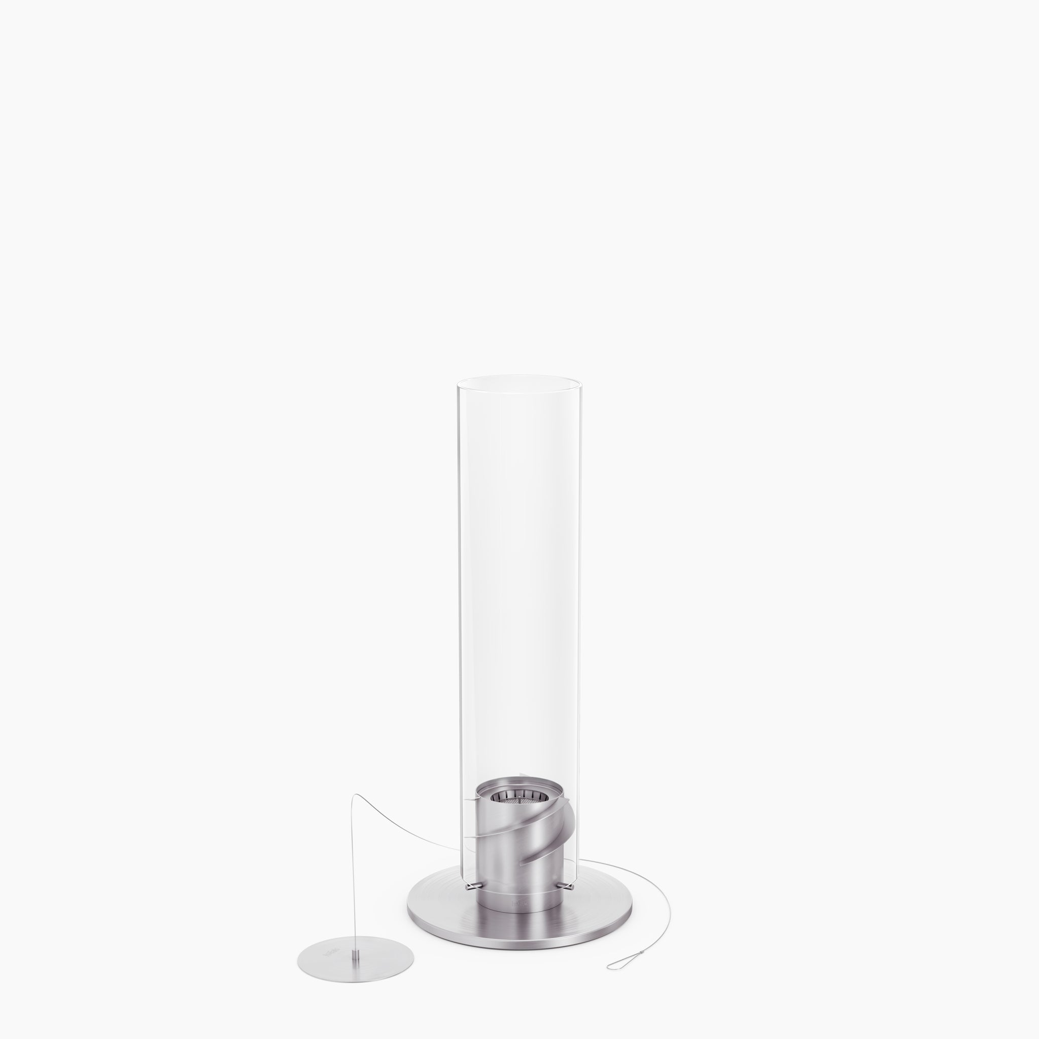 A modern tall, cylindrical glass vessel with a stainless steel base and a separate metal lid connected by a wire. Ideal for creating ambiance, the Höfats SPIN 900 Tabletop Fireplace Silver is a beautiful decorative glass cylinder designed for use with bioethanol fuel.