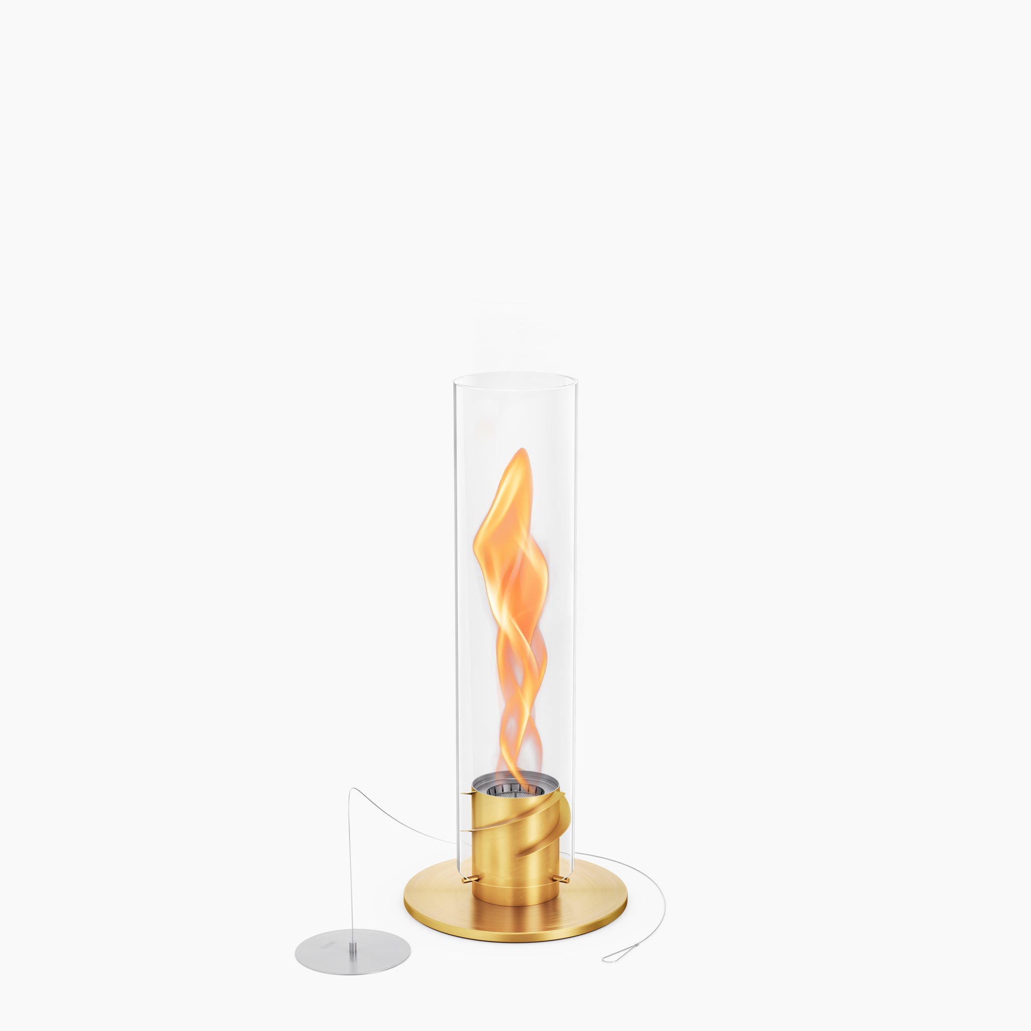 The Höfats SPIN 900 Tabletop Fireplace Gold is a decorative bioethanol fireplace with a transparent glass cylinder, producing an enchanting orange flame.