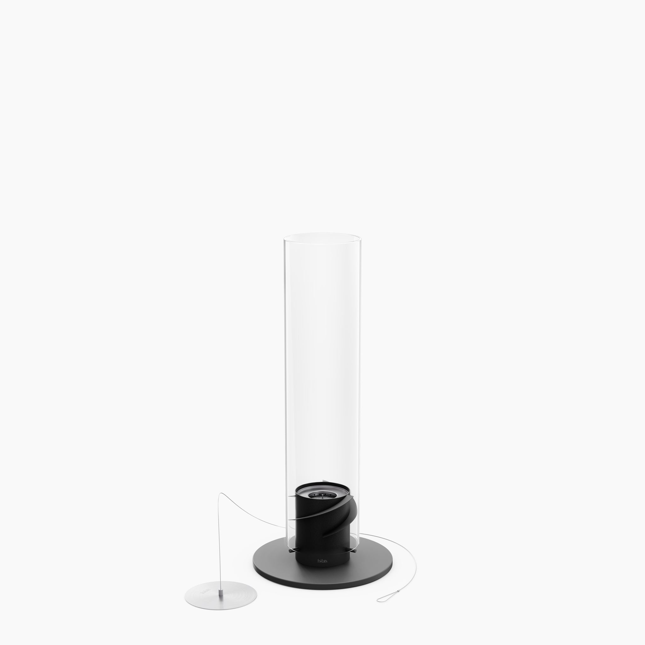 A contemporary cylindrical glass vase with a sleek black base, inspired by the elegant design of the Höfats SPIN 900 Tabletop Fireplace Black. It includes a small round accessory suspended by a delicate wire, capturing the essence of an ornamental flame when paired with bioethanol.