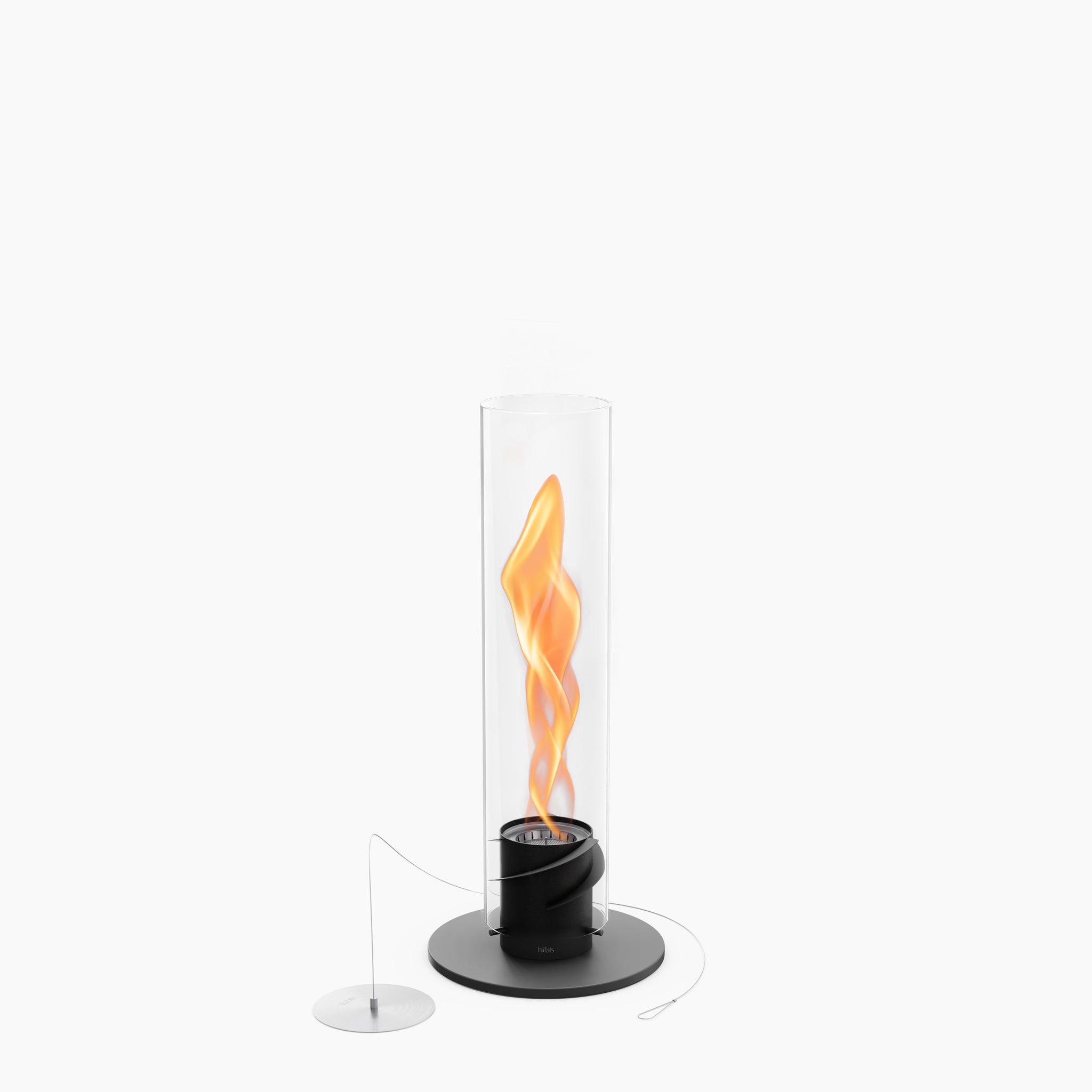 Modern air purifier with a decorative flame effect powered by bioethanol, encased in a cylindrical glass casing on a sleek black base, reminiscent of the Höfats SPIN 900 Tabletop Fireplace Black.