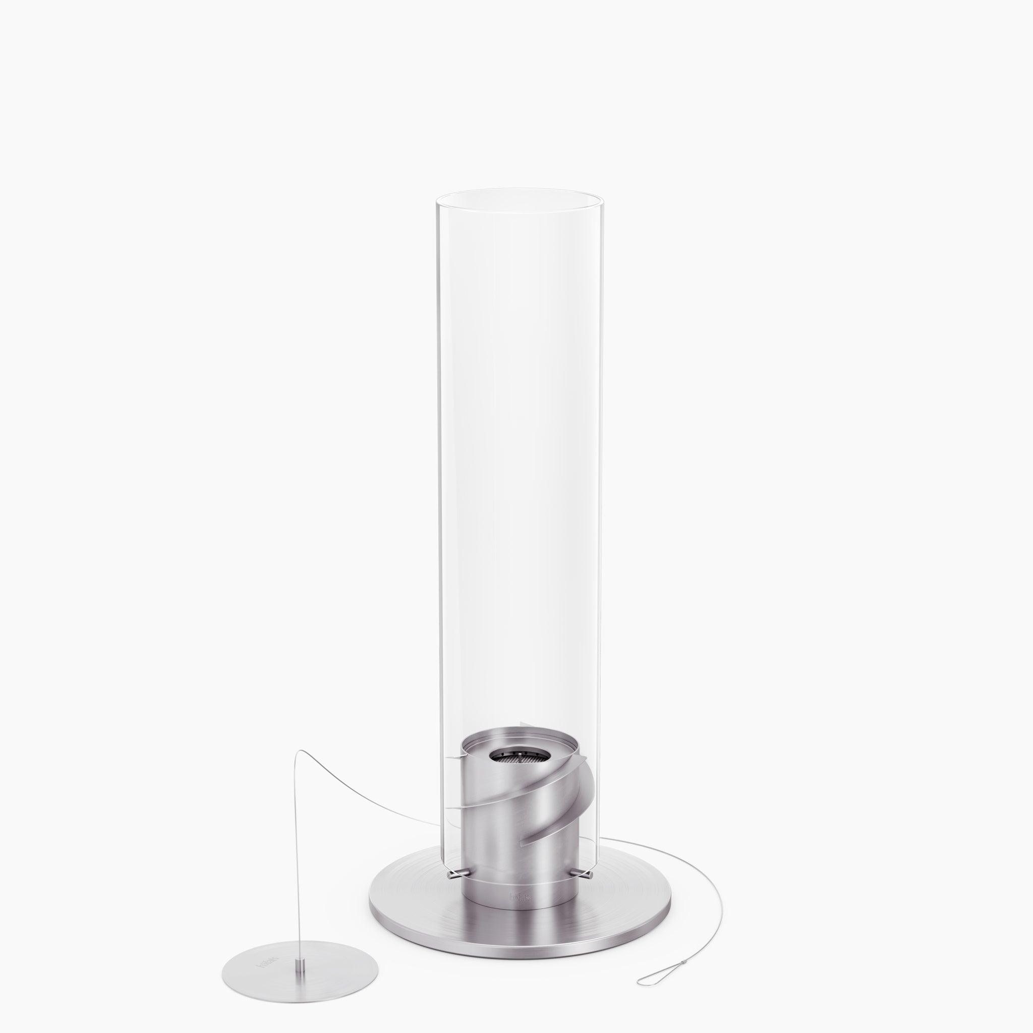 A modern, cylindrical vase with a metal base and a thin wire attached to a circular metal piece, reminiscent of the sleek design found in the Höfats SPIN 1200 Tabletop Fireplace Silver.