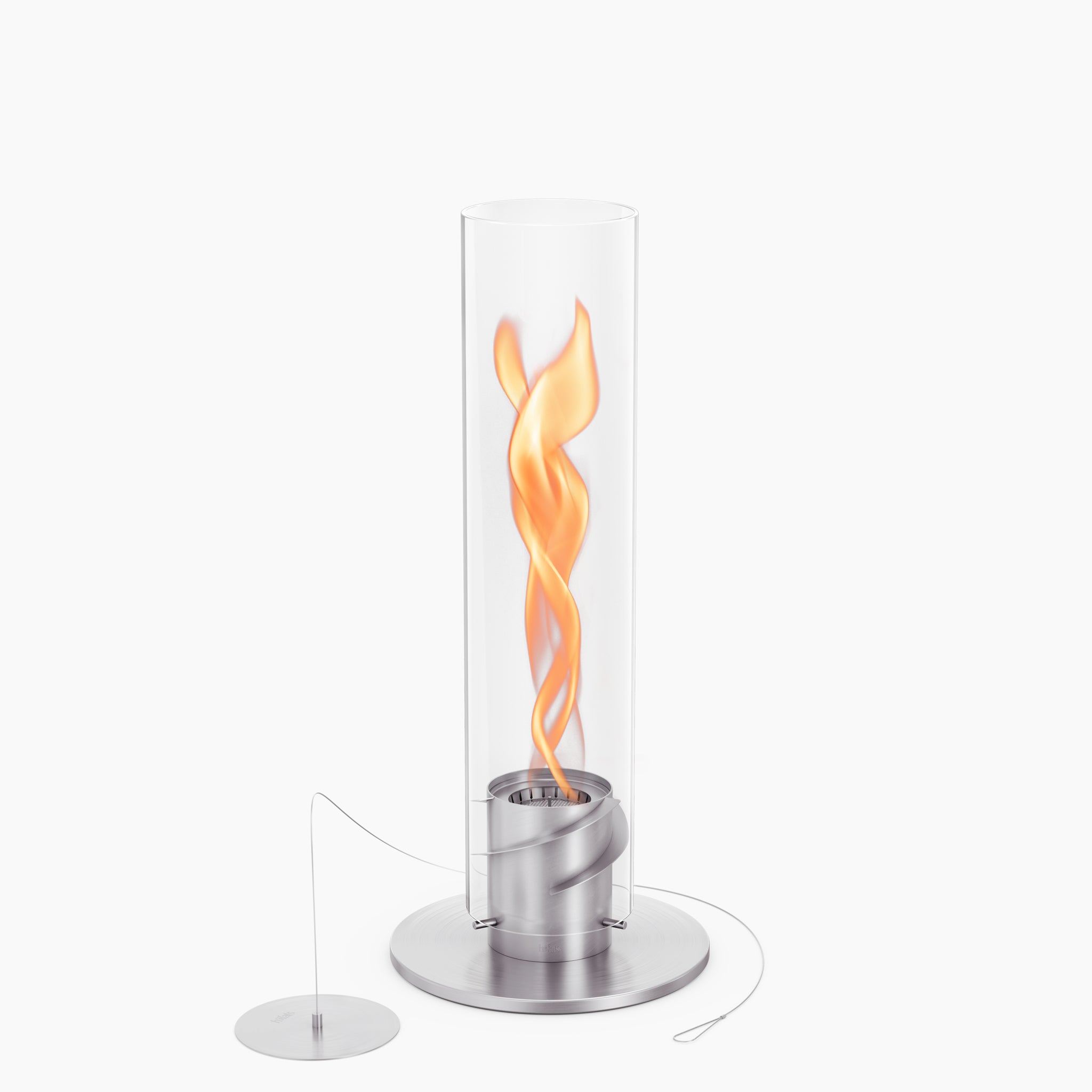 A modern cylindrical fire lantern with a metal base, featuring a spiral bioethanol flame design inside a decorative glass cylinder. Perfectly embodying the elegance of the Höfats SPIN 1200 Tabletop Fireplace Silver, it adds both warmth and sophistication to any space.\