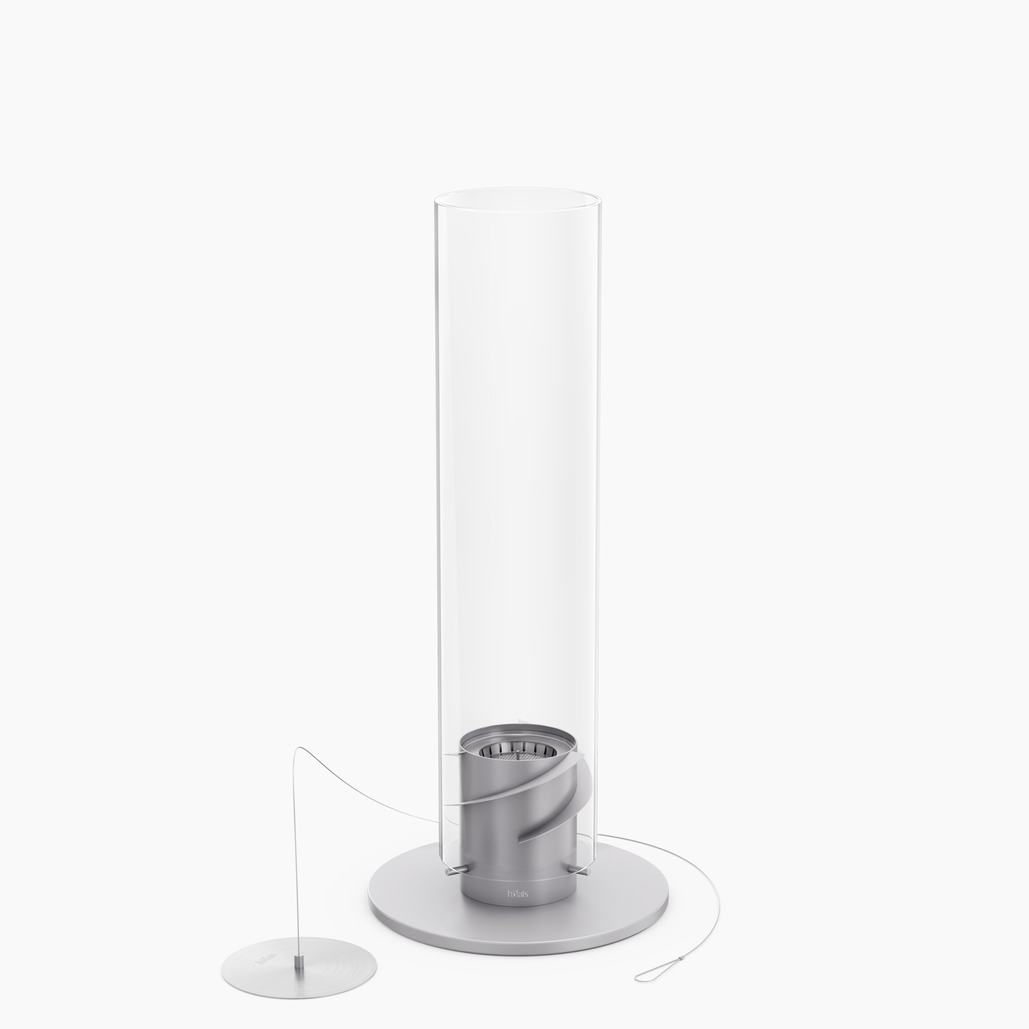 A tall, cylindrical glass vase with a spiral design inside, reminiscent of the decorative glass cylinder seen in the Höfats SPIN 1200 Tabletop Fireplace Grey, sits on a round base with a connected circular disc.