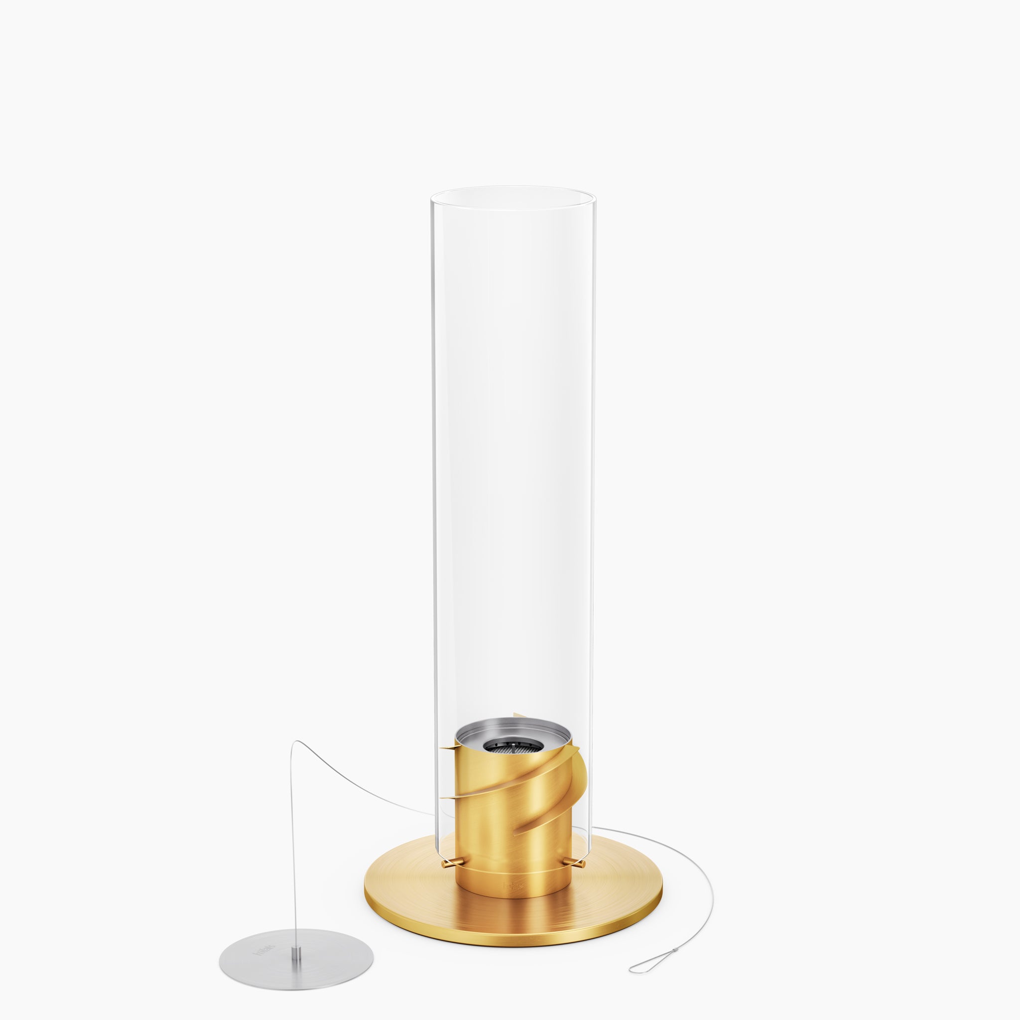 A cylindrical, transparent glass speaker with a gold base and a slim attached remote, evoking the elegant design of the Höfats SPIN 1200 Tabletop Fireplace Gold, all set against a crisp white background.