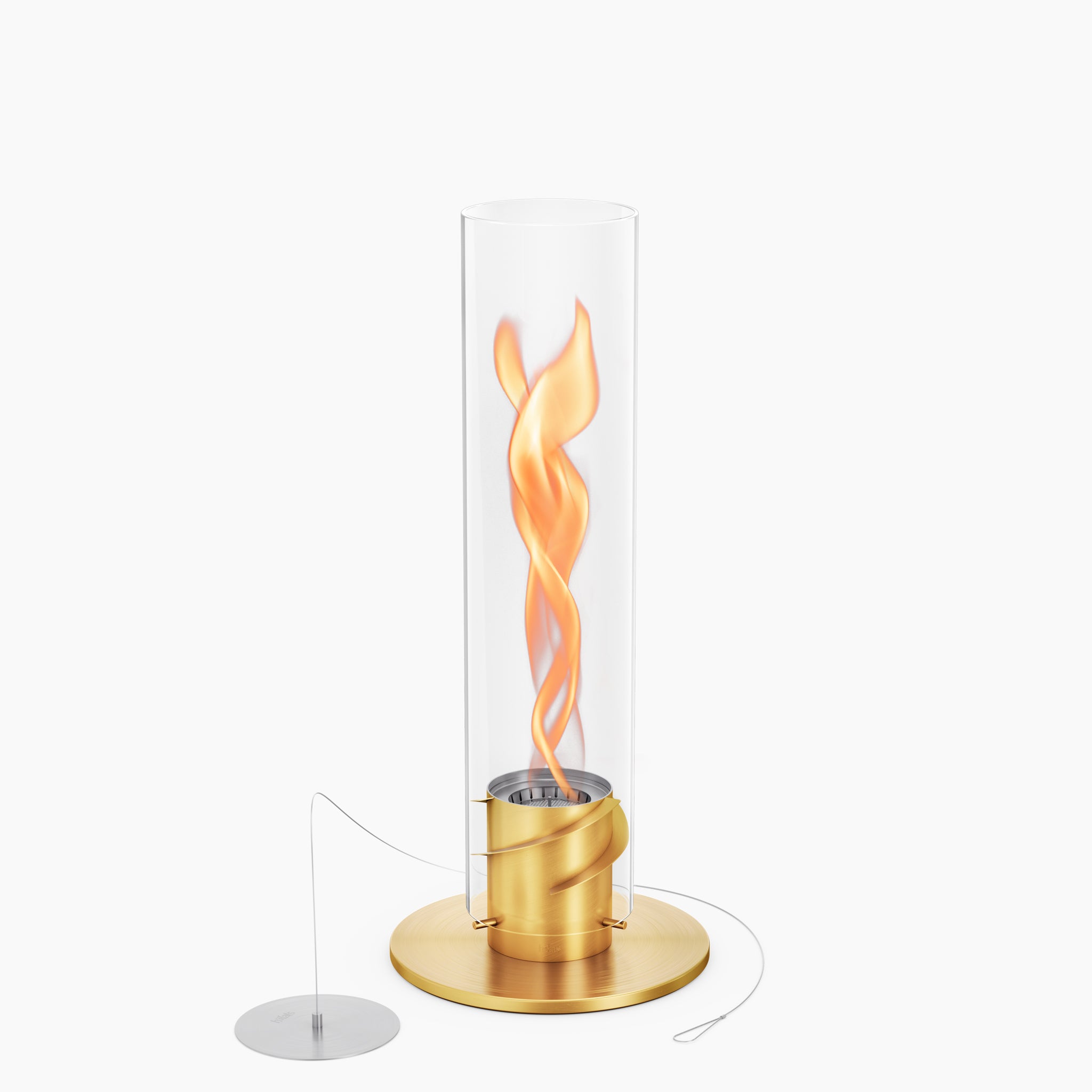 A decorative glass cylinder with a gold LED lamp featuring a twisted flame-like interior design and the elegance of the Höfats SPIN 1200 Tabletop Fireplace Gold, all operated by an easy pull string switch.