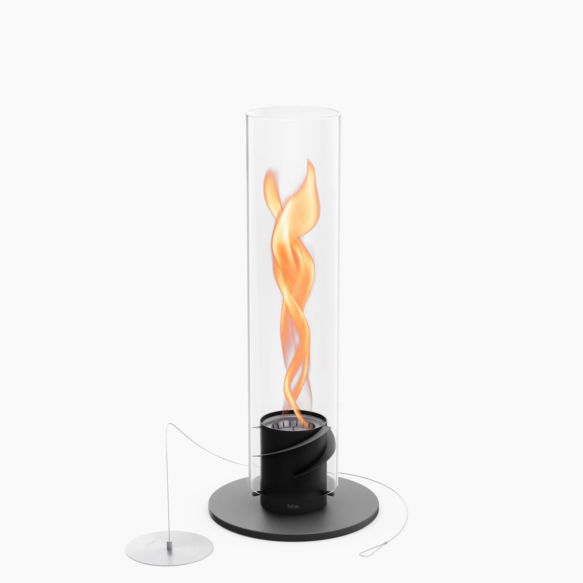 The Höfats SPIN 1200 Tabletop Fireplace Black is a cylindrical glass lamp featuring a mesmerizing swirling bioethanol flame, set atop a round black base and complete with an attached power cord.