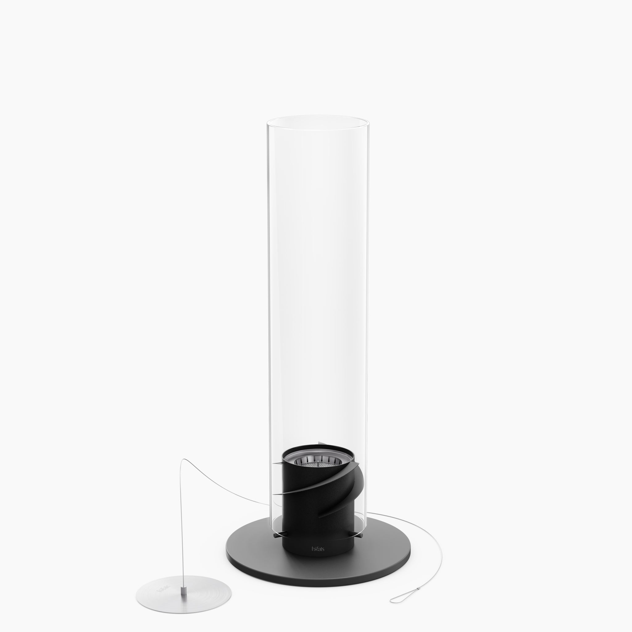 Tall cylindrical speaker with a transparent body, black base, and a thin wire connected to a small circular module, reminiscent of the elegant design of the Höfats SPIN 1200 Tabletop Fireplace Black.