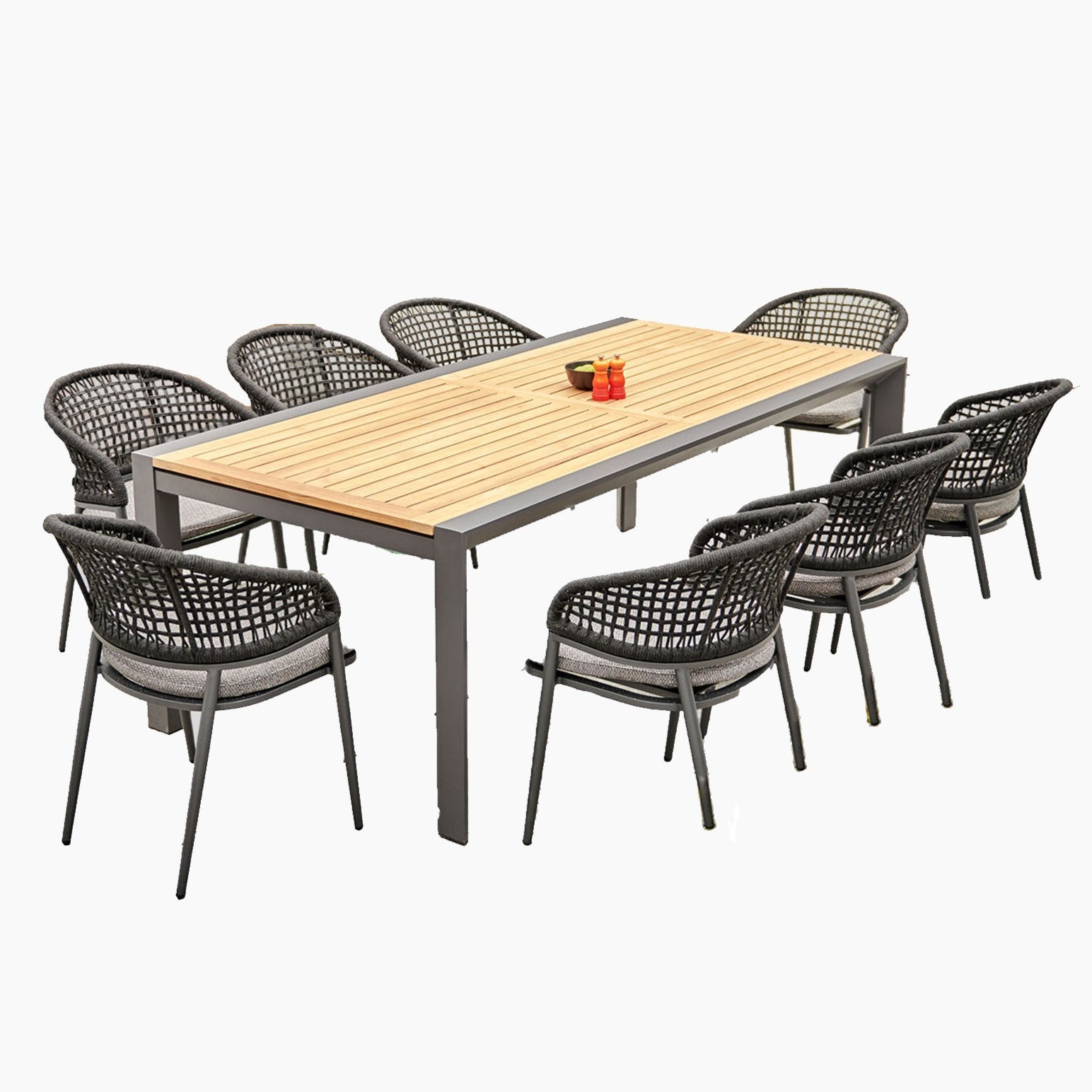 Kalama 8 Seat Rectangular Extending Dining Set with Teak Table in Charcoal