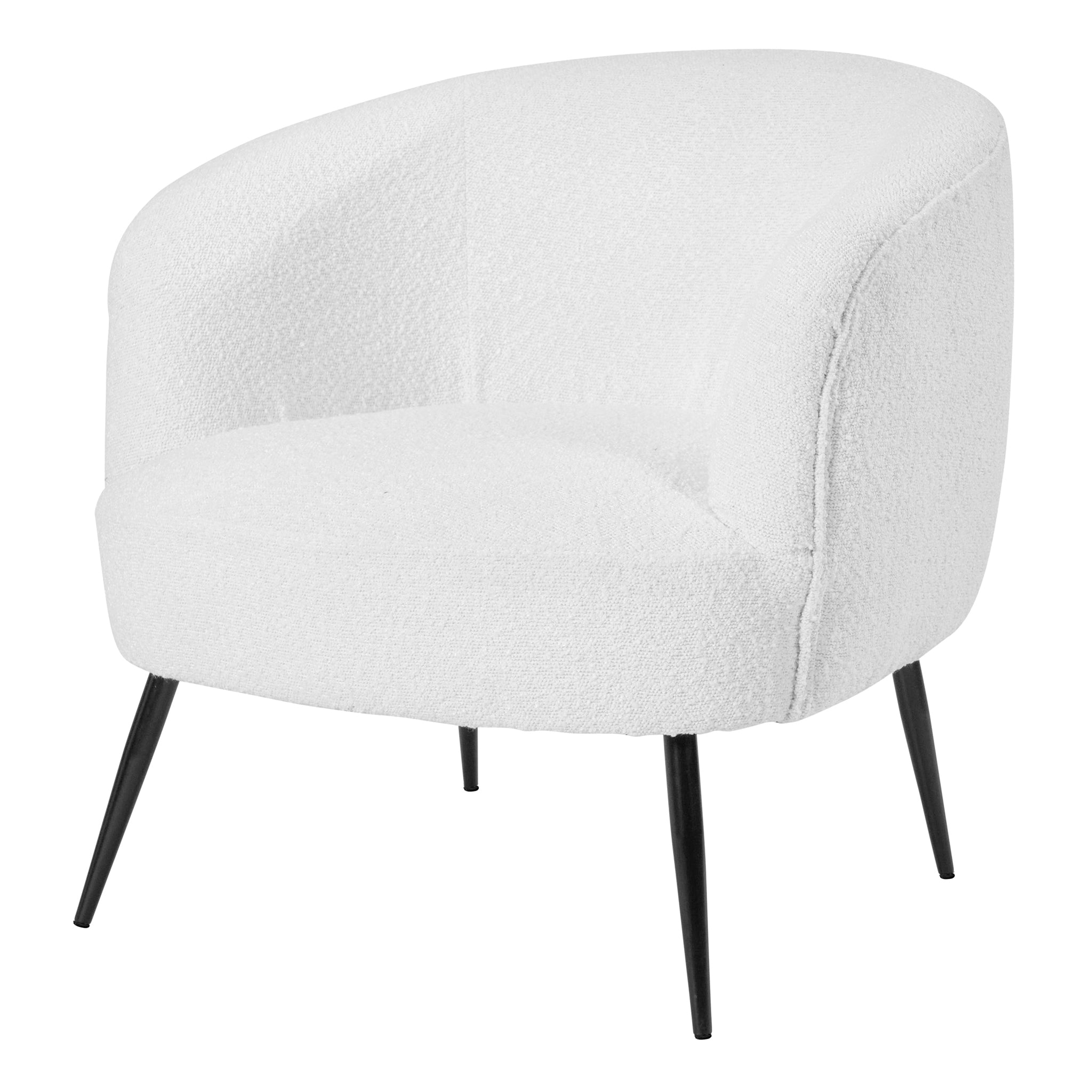 Explore the Pacific Lifestyle Siena Bouclé Tub Chair, boasting a contemporary white design with boucle upholstery, a rounded back, and sleek black legs.