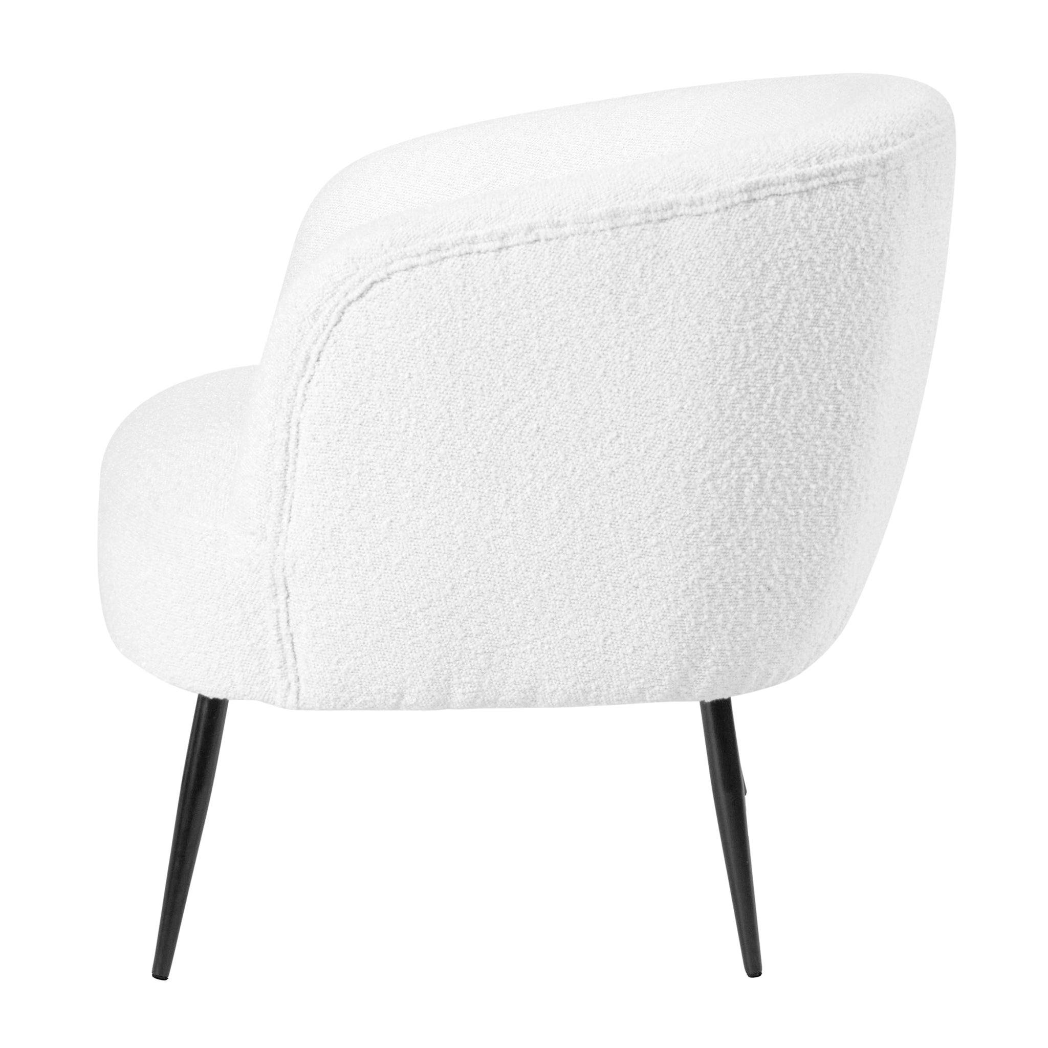 The Pacific Lifestyle Siena Bouclé Tub Chair boasts a rear view with boucle upholstery, a curved back, and short black legs. This contemporary piece adds stylish flair to any room.