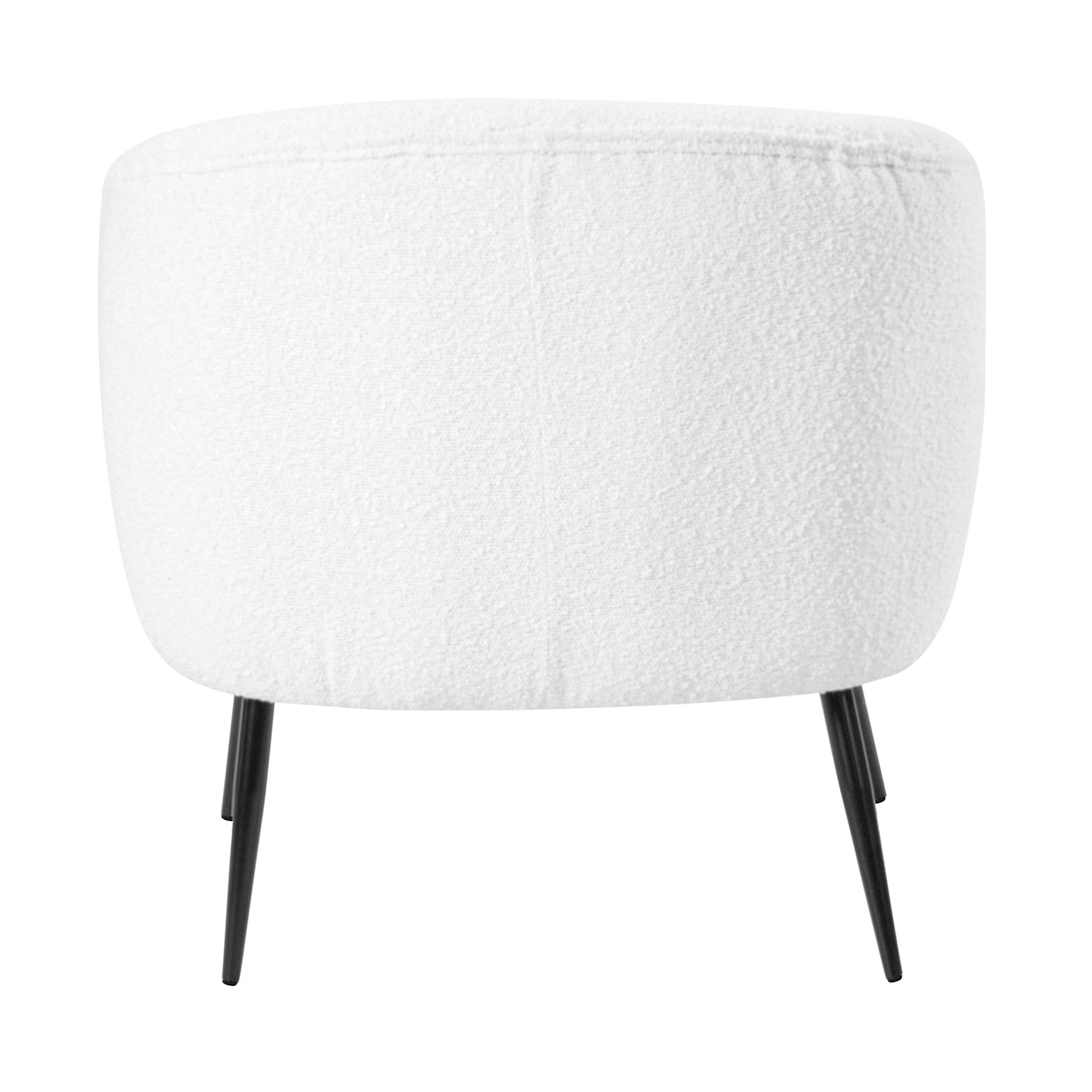 Back view of the Pacific Lifestyle Siena Bouclé Tub Chair, showcasing its white boucle upholstery, round cushioned design, and sleek black legs.