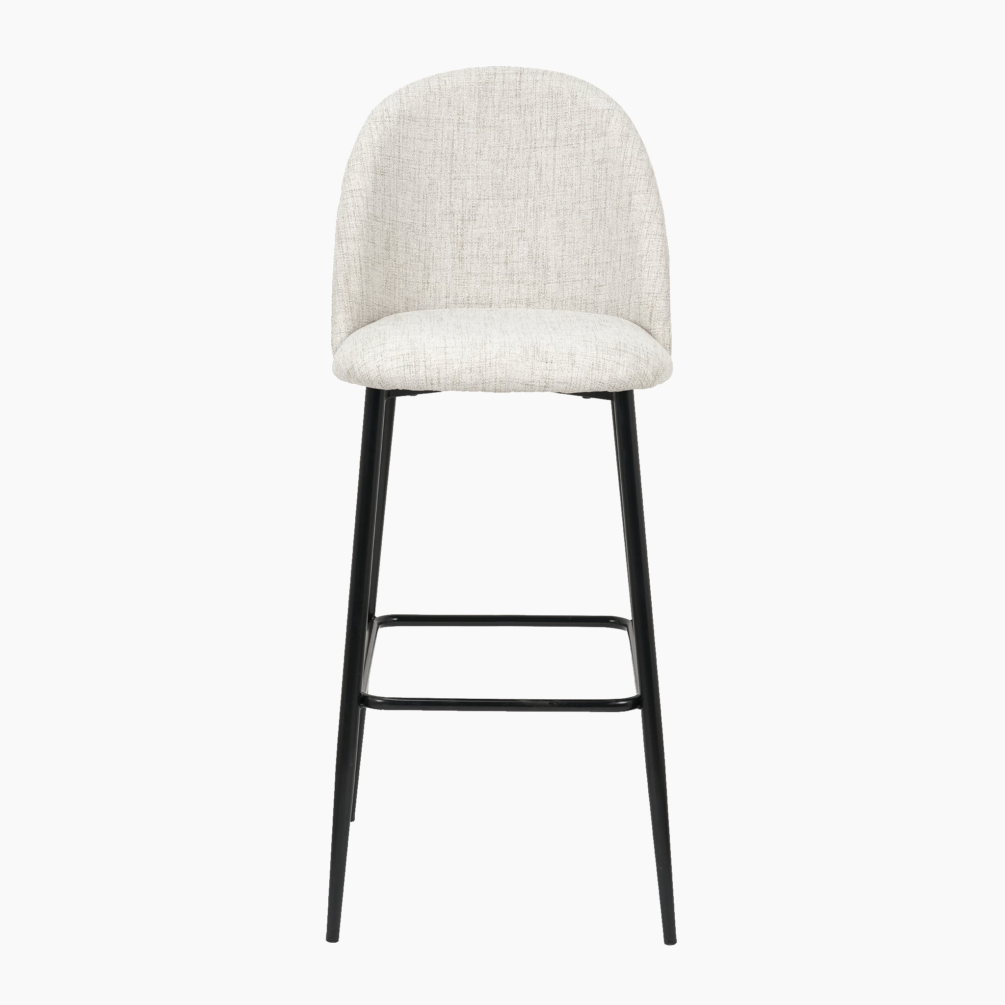 The Turi Pebble Linen Mix and Black Metal Bar Stool features a padded beige seat, a curved backrest, and black metal legs with a footrest, embodying contemporary design in its modern style.