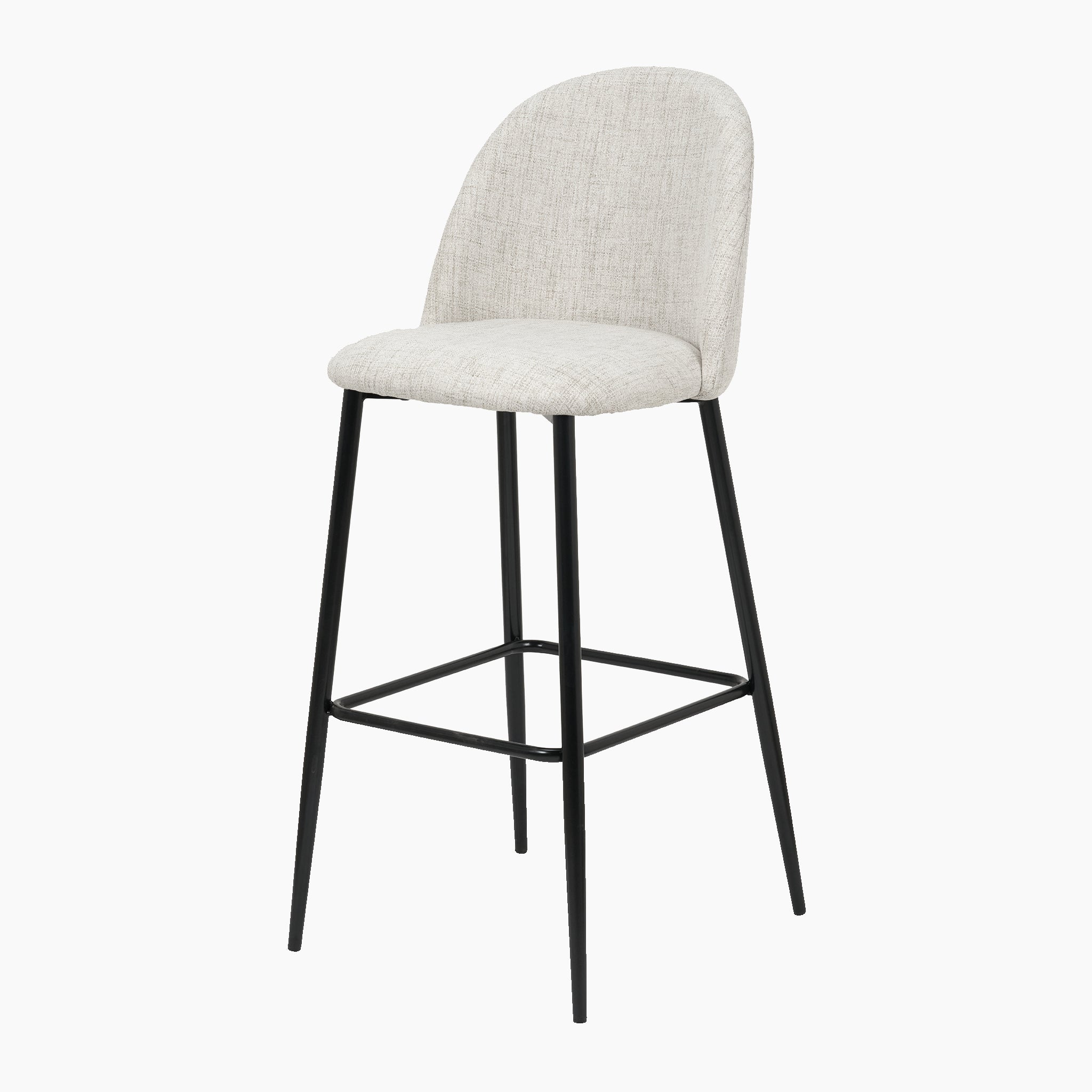 The Turi Pebble Linen Mix and Black Metal Bar Stool combines contemporary elegance with a pebble linen mix seat and backrest, sleek black metal legs, and a convenient footrest, making it an ideal addition to any modern style space.