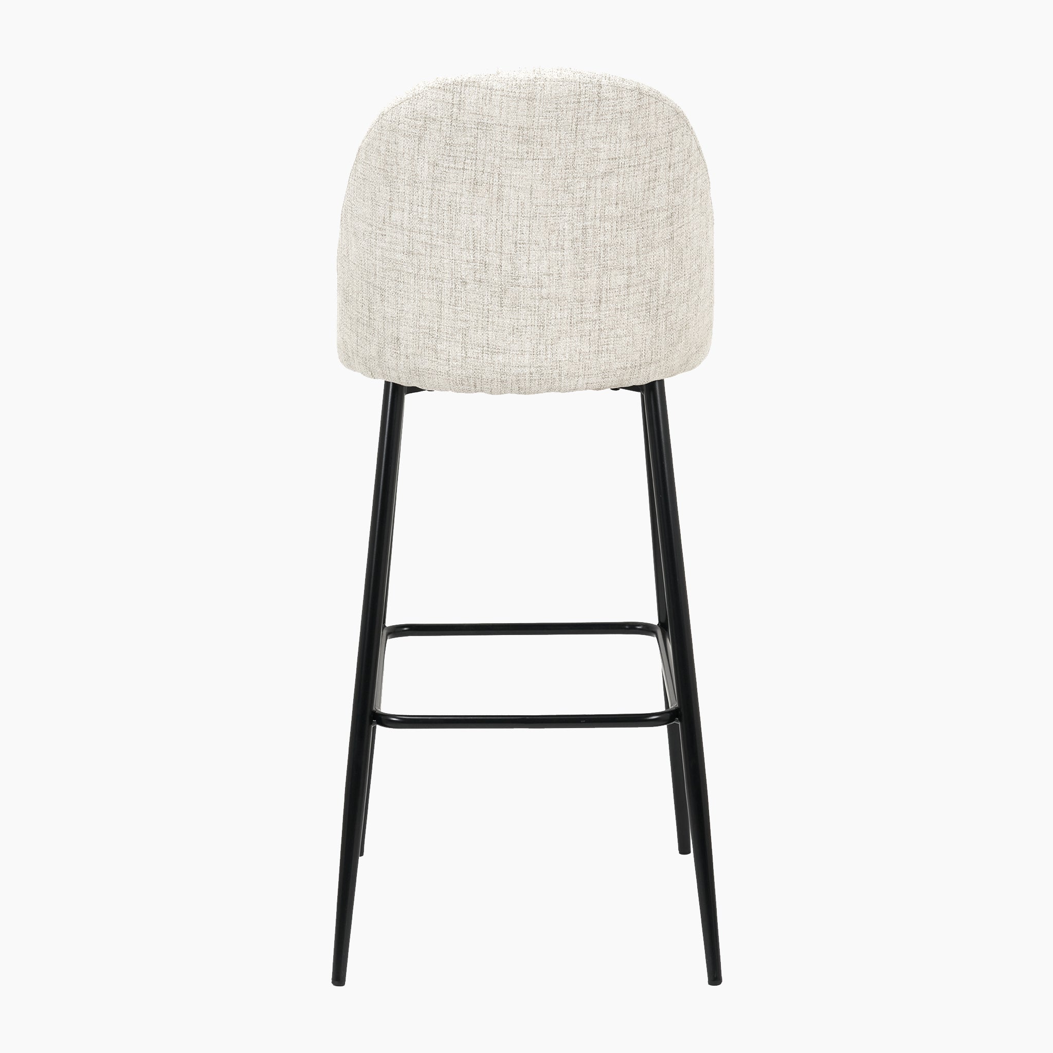 The Turi Pebble Linen Mix and Black Metal Bar Stool boasts a padded light gray seat and backrest, complemented by sleek black metal legs with a footrest, encapsulating contemporary modern style.