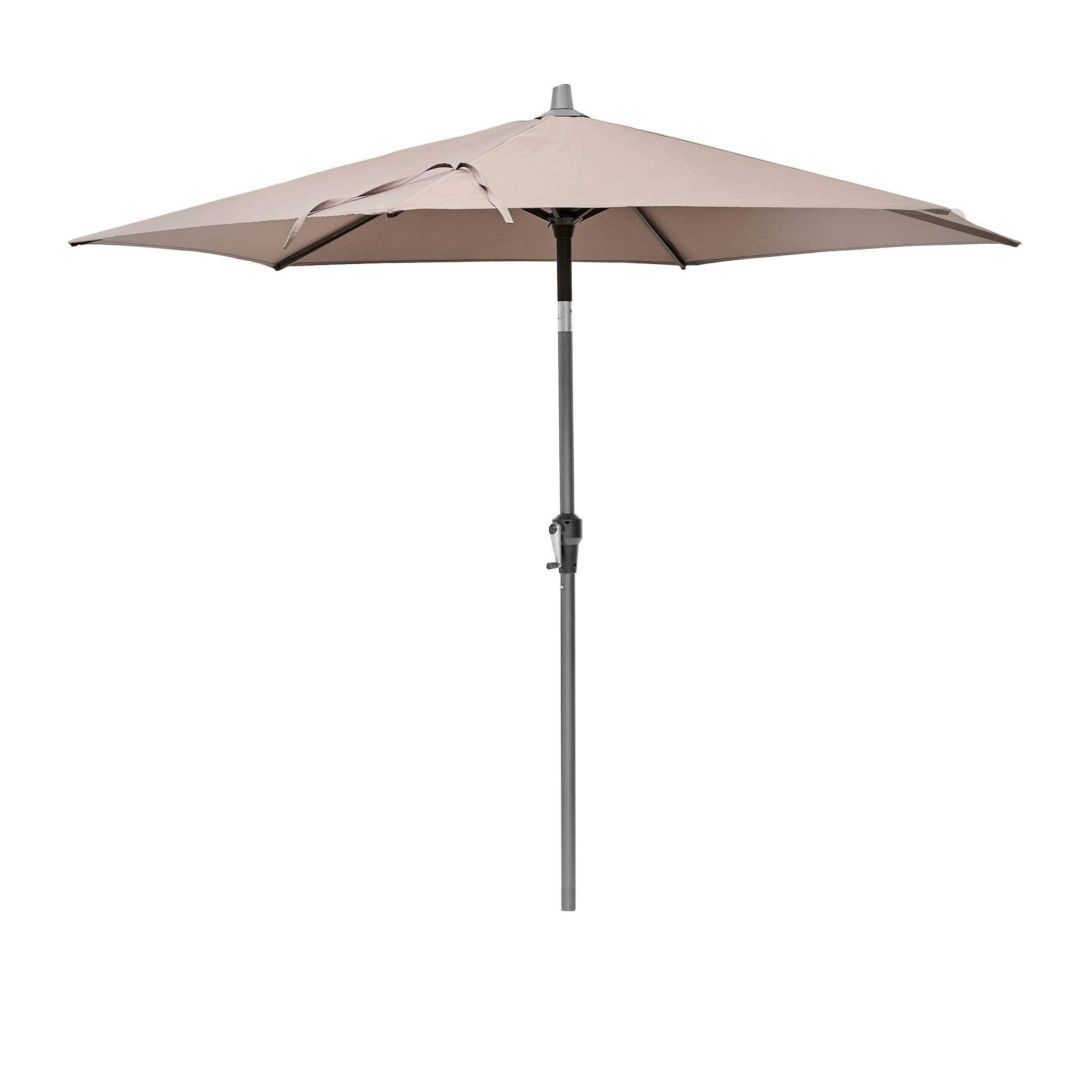 The Pacific Lifestyle - Riva 2.5m Round Taupe Parasol features a powder-coated aluminium frame, open and slightly tilted for optimal shade.