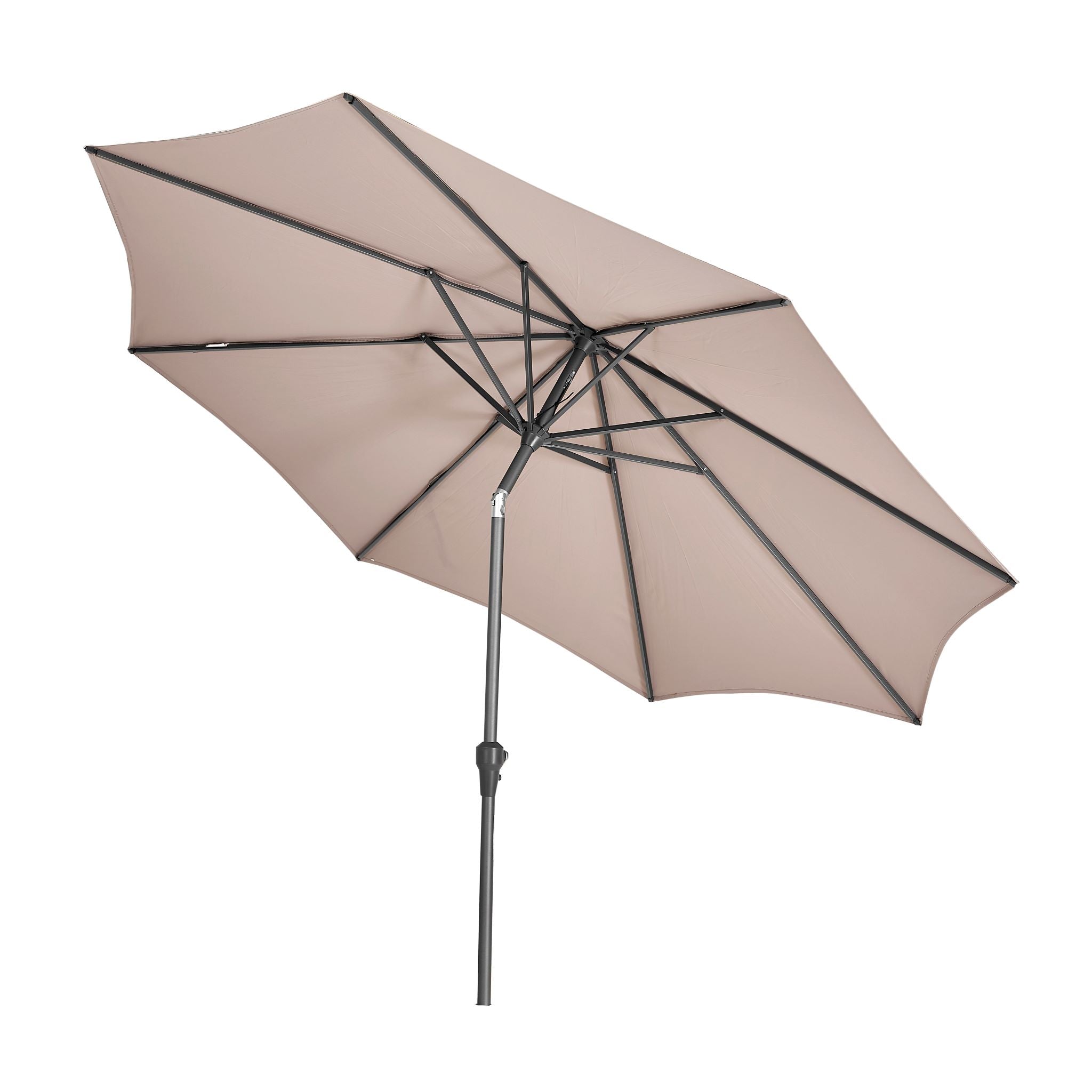 The beige Riva 3m Round Taupe Parasol, featuring a powder-coated aluminum frame and a premium-class fabric canopy, is shown tilted at an angle against a white background.