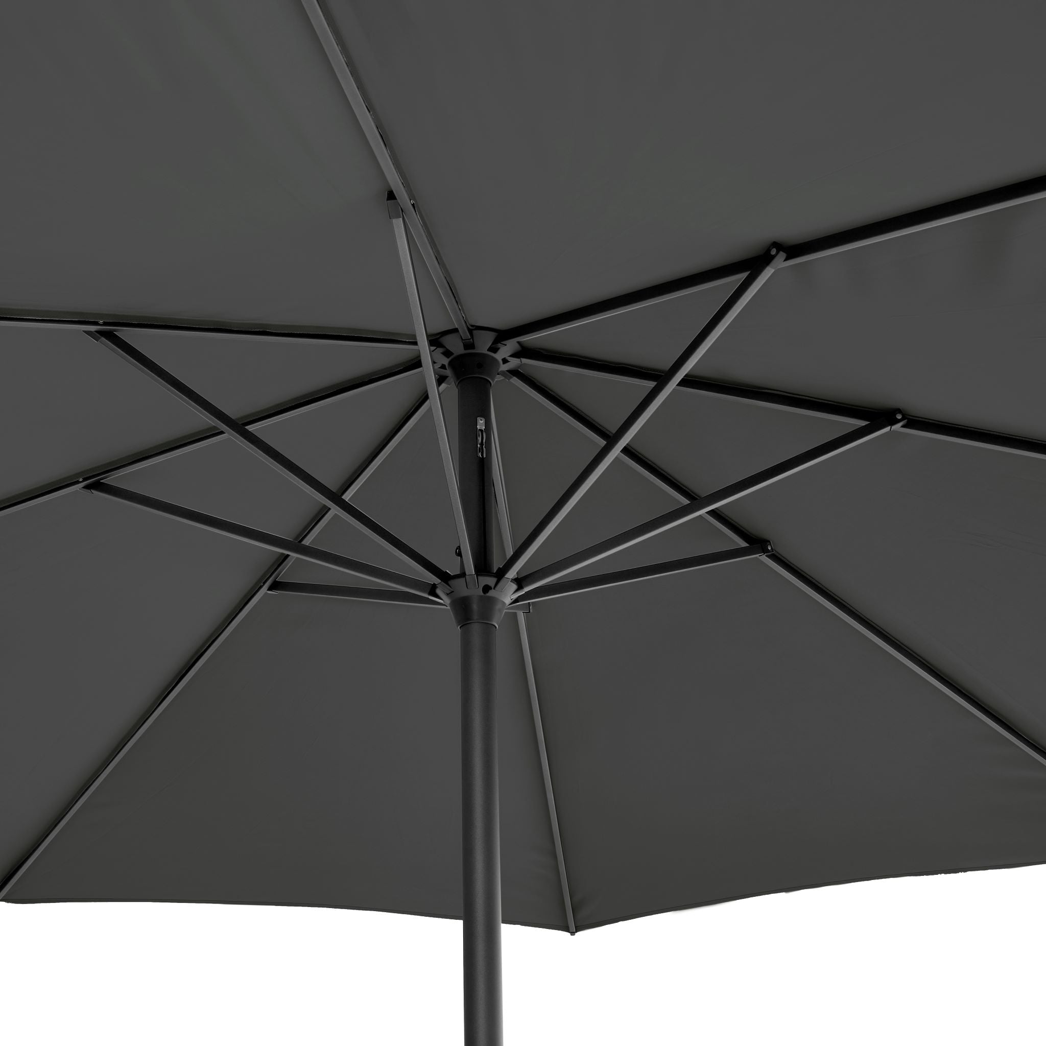 Underside view of the Riva 3.5m Round Anthracite Parasol, featuring a dark green canopy with a sturdy, powder-coated aluminium frame and spokes.