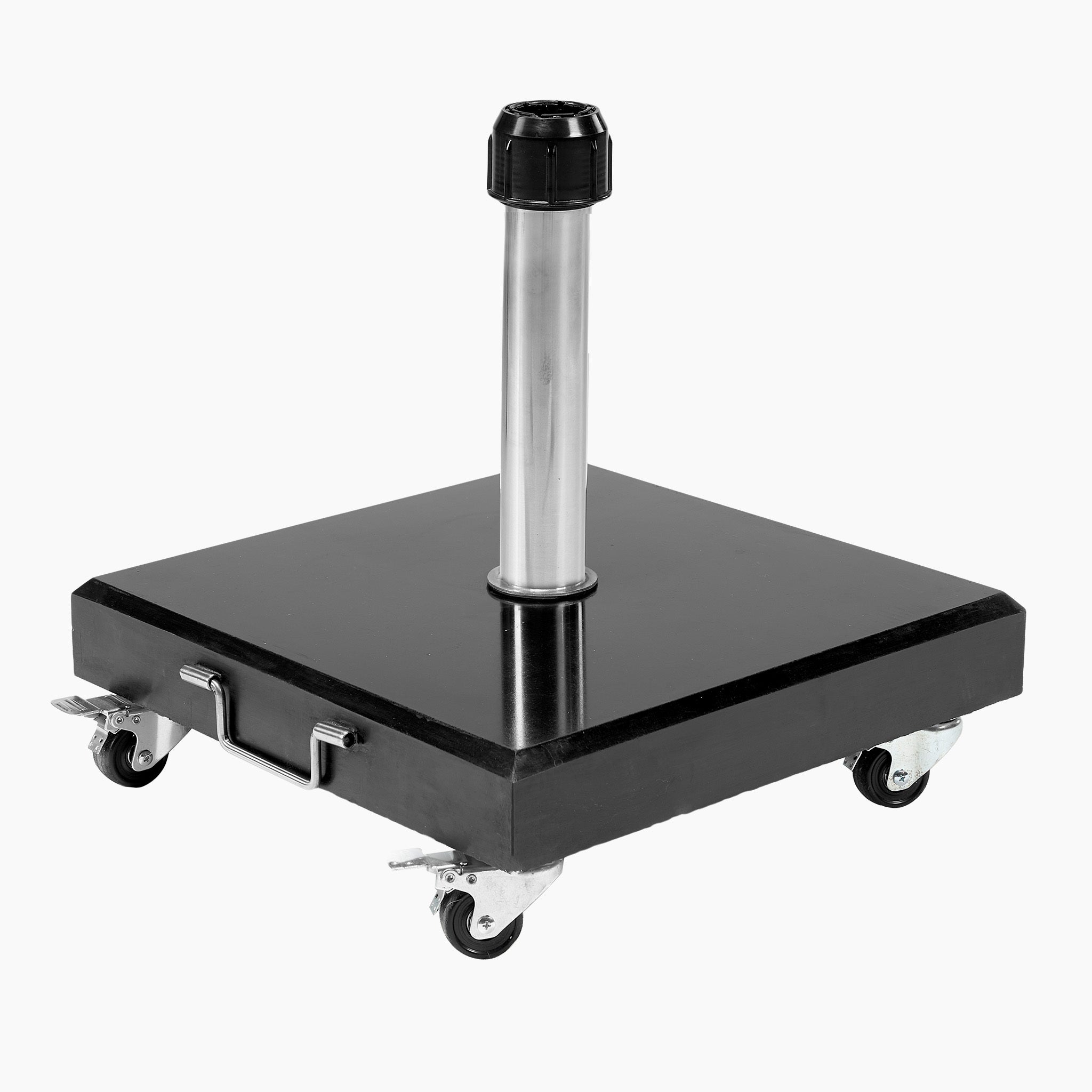 Rome Polished Black Granite 40KG Parasol Base with a chrome pole and four caster wheels for easy movement, featuring an anti-slip system.