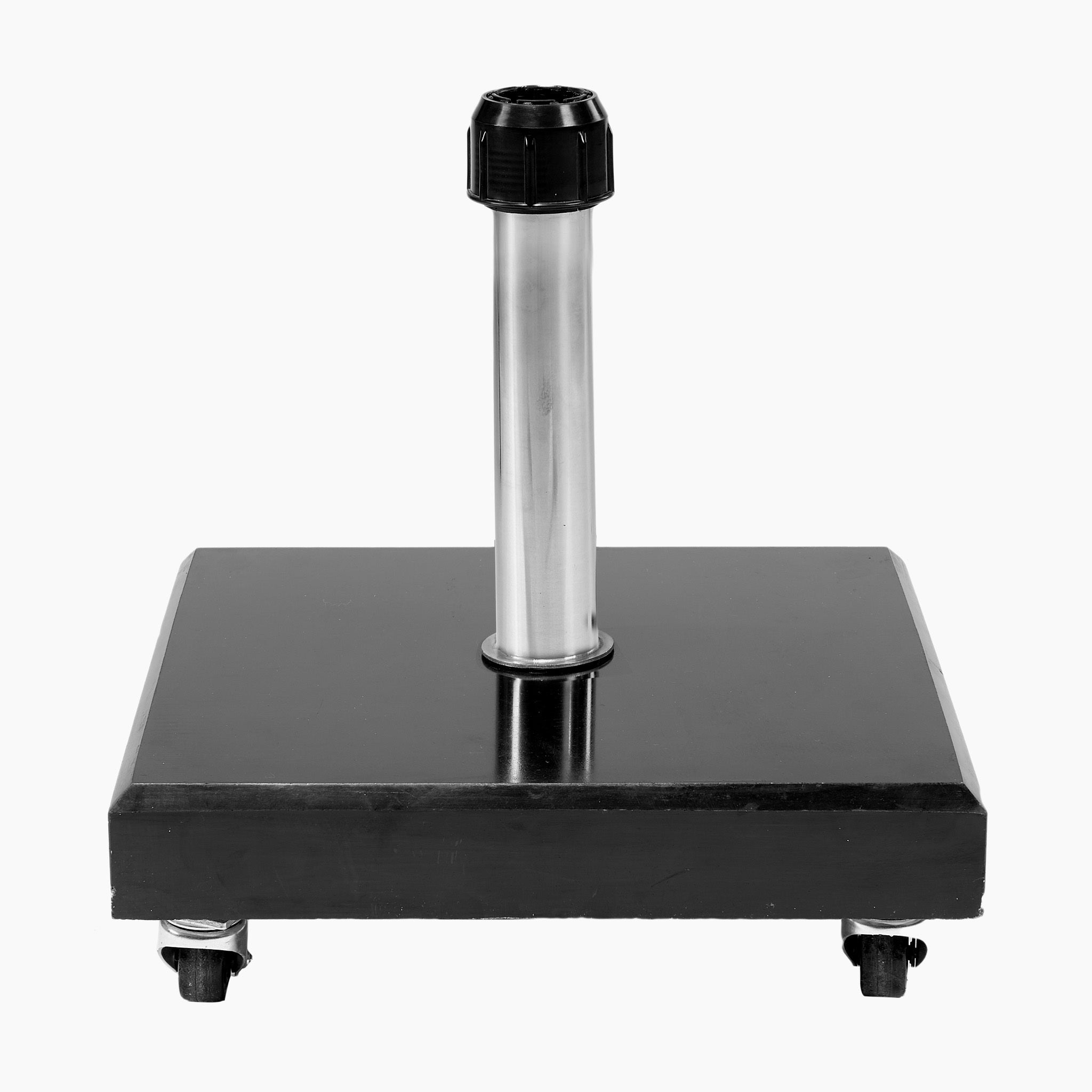 The Rome Polished Black Granite 40KG Parasol Base features a black square rolling base adorned with a vertical silver cylindrical pole and a black threaded top, complete with an anti-slip system for enhanced stability.