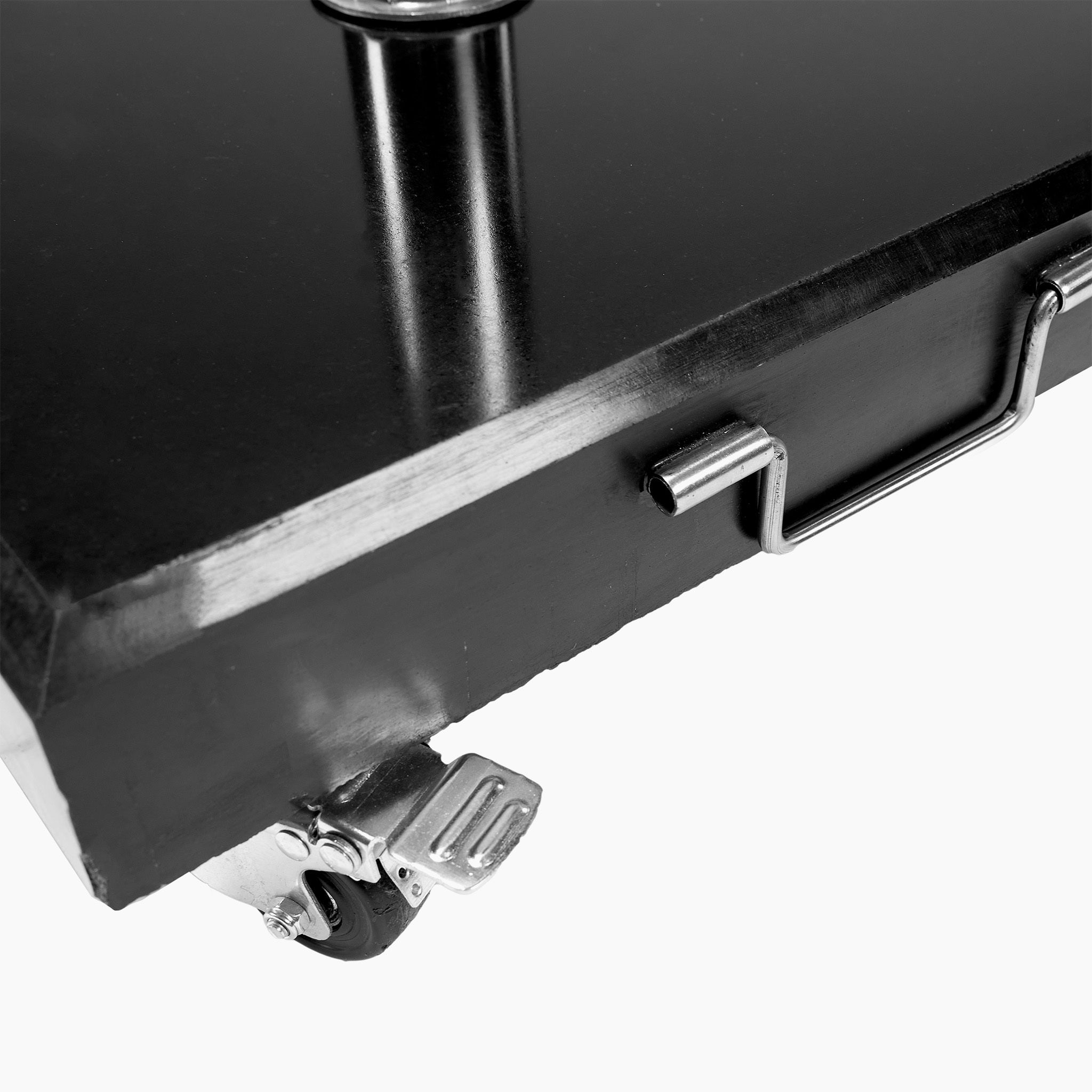 Close-up of a black rectangular case with a metal latch, wheel, and handle on a white background, echoing the sleek design of the Pacific Lifestyle Rome Polished Black Granite 40KG Parasol Base.