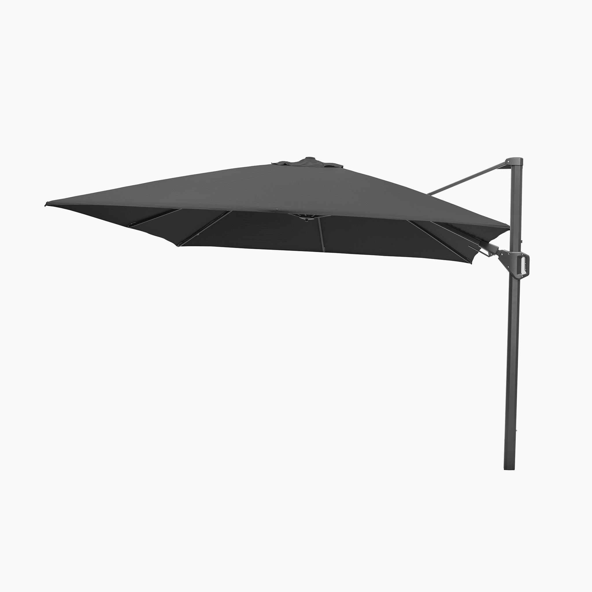 The Pacific Lifestyle Challenger T2 3m Square Cantilever Parasol in Anthracite is a large outdoor parasol with a side stand crafted from powder-coated aluminium, offering durability and enhanced UV protection.