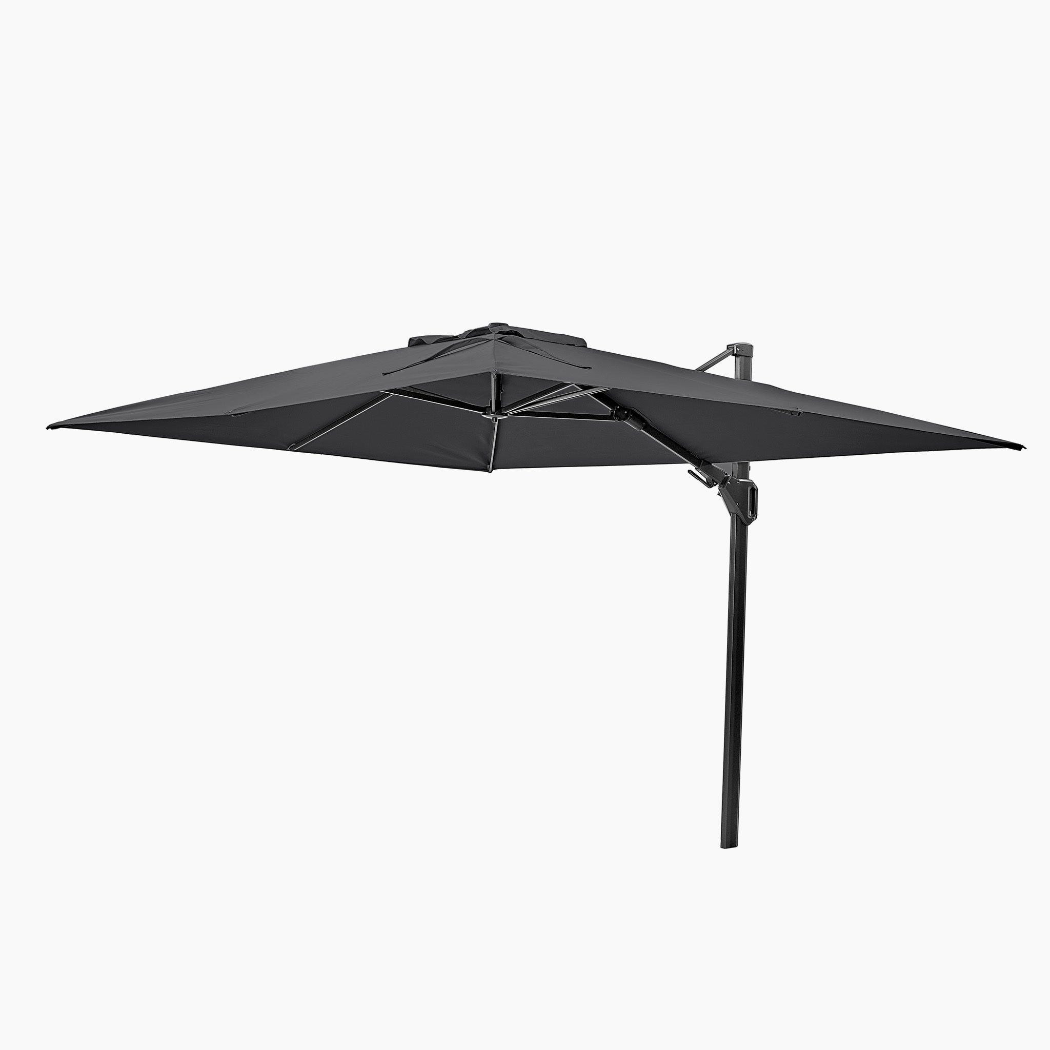 Introducing the Pacific Lifestyle Challenger T2, a large anthracite rectangular cantilever parasol with a sturdy metal pole and double tilt system, offering premium-class shade coverage for outdoor comfort.