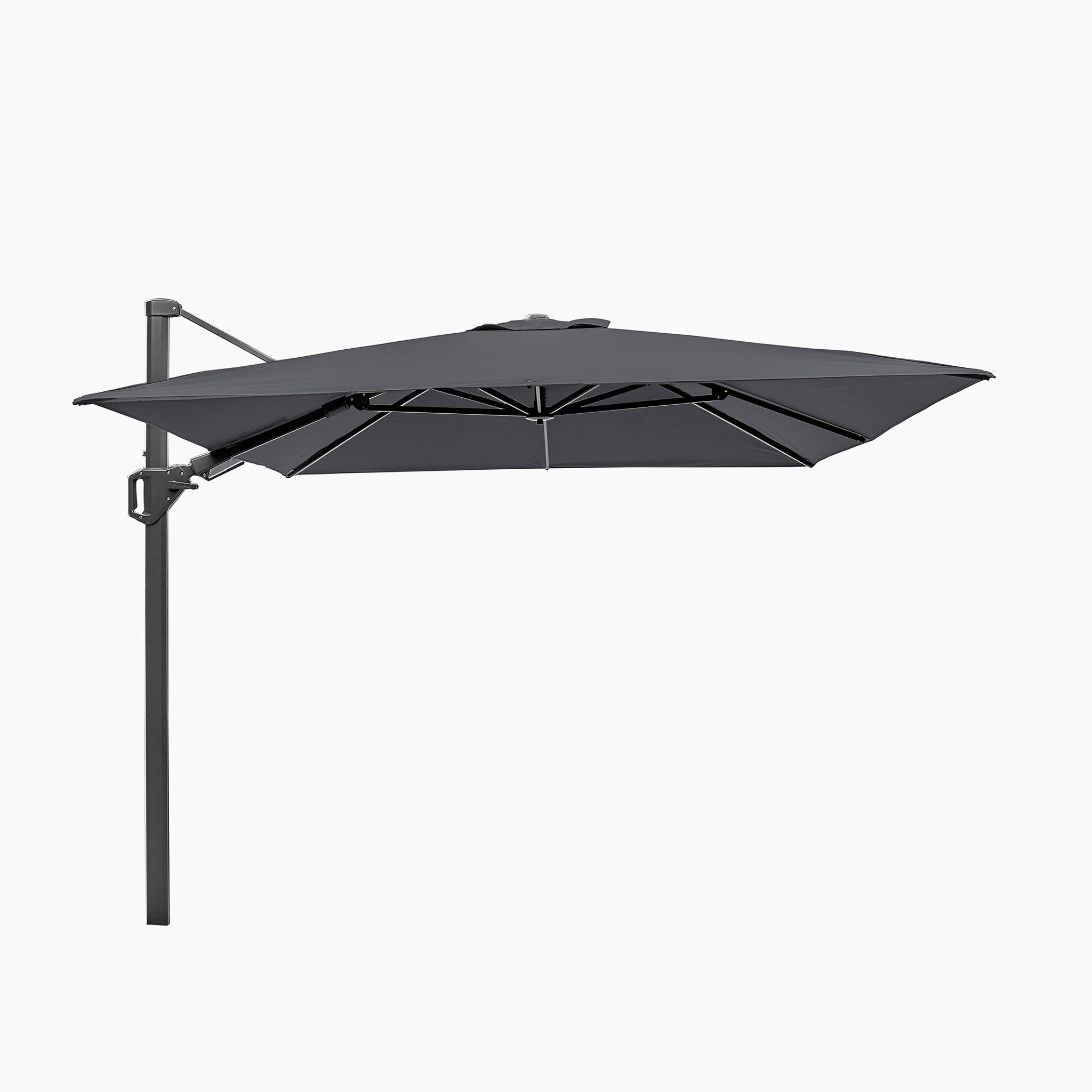 The Pacific Lifestyle Challenger T2 3.5m x 2.6m rectangular cantilever parasol in anthracite features a side pole, adjustable canopy with premium-class fabric, and a double tilt system against a pristine white background.