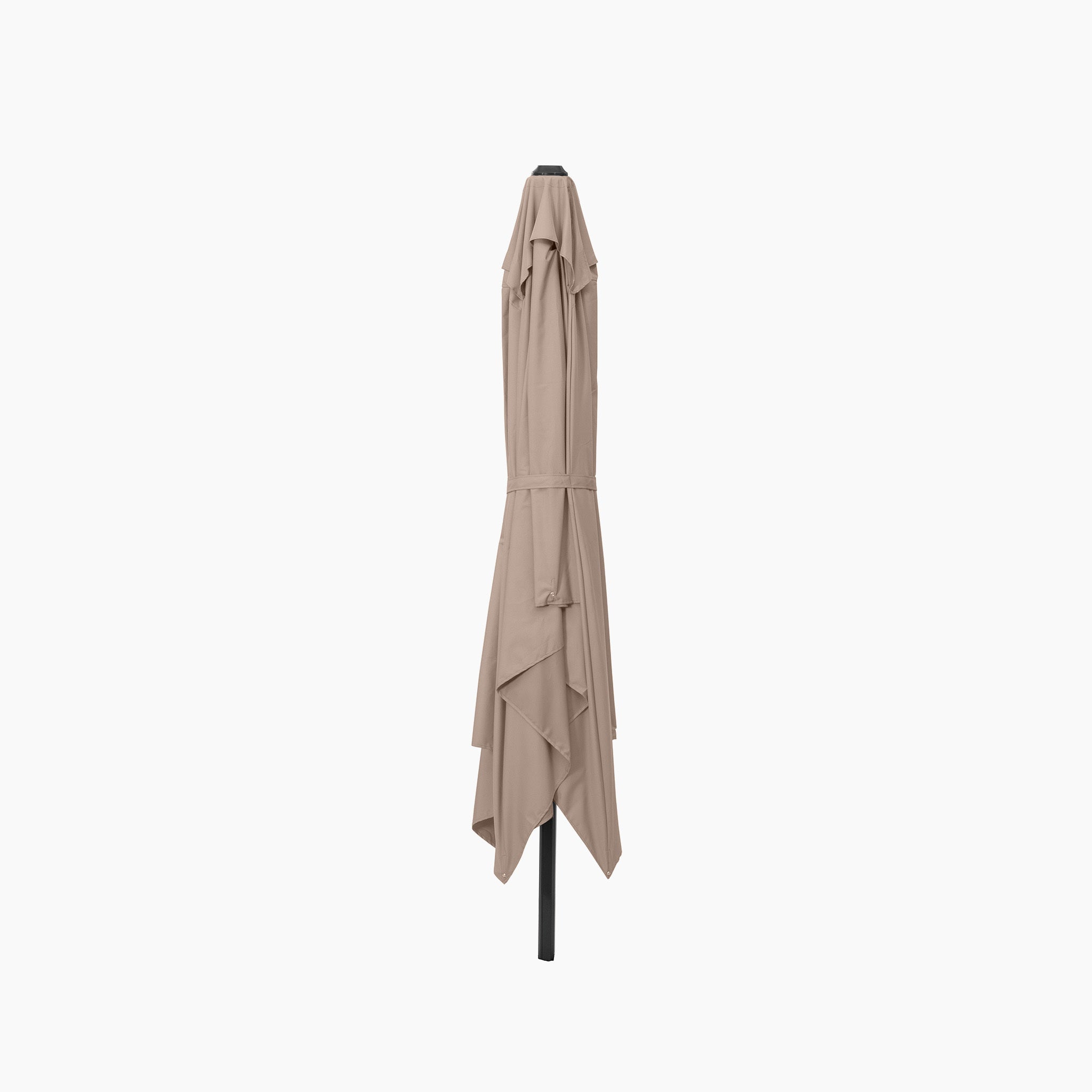 A stylish taupe patio umbrella with UV protection stands elegantly closed, its durable powder-coated aluminium black pole contrasting against a plain white background.