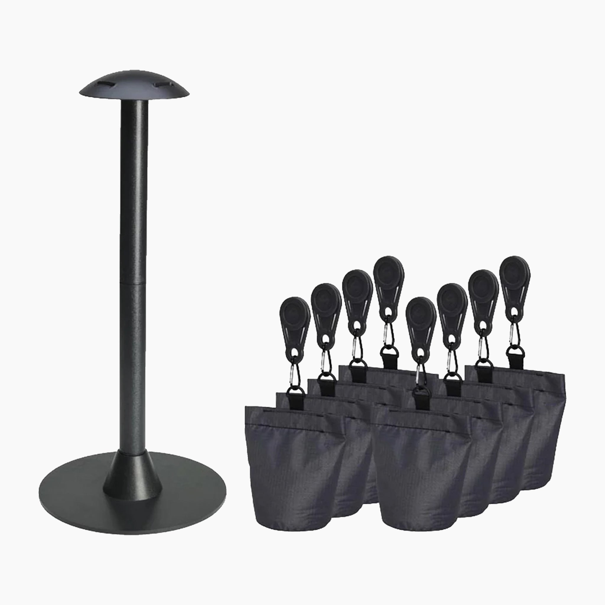 Black AeroCover support pole set with a round base, featuring six clip-on sandbags for enhanced stability.