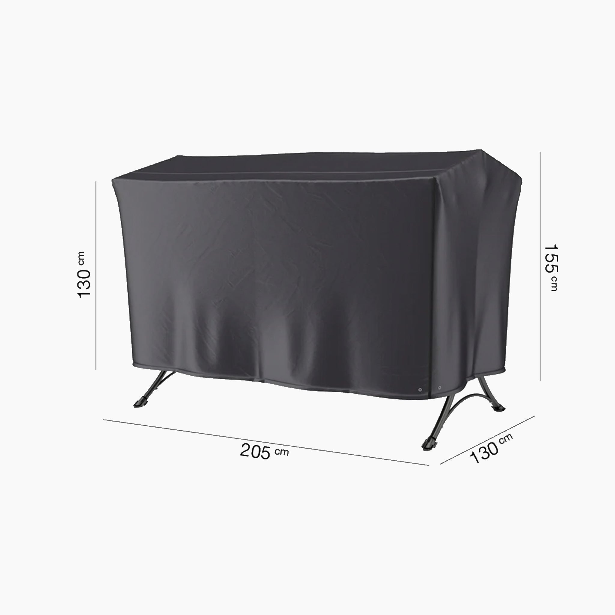 The AeroCover - Swing Cover, measuring 205x130x155 cm, is a black outdoor furniture cover designed for a garden swing seat and features UV protection for enhanced durability and extended outdoor use.