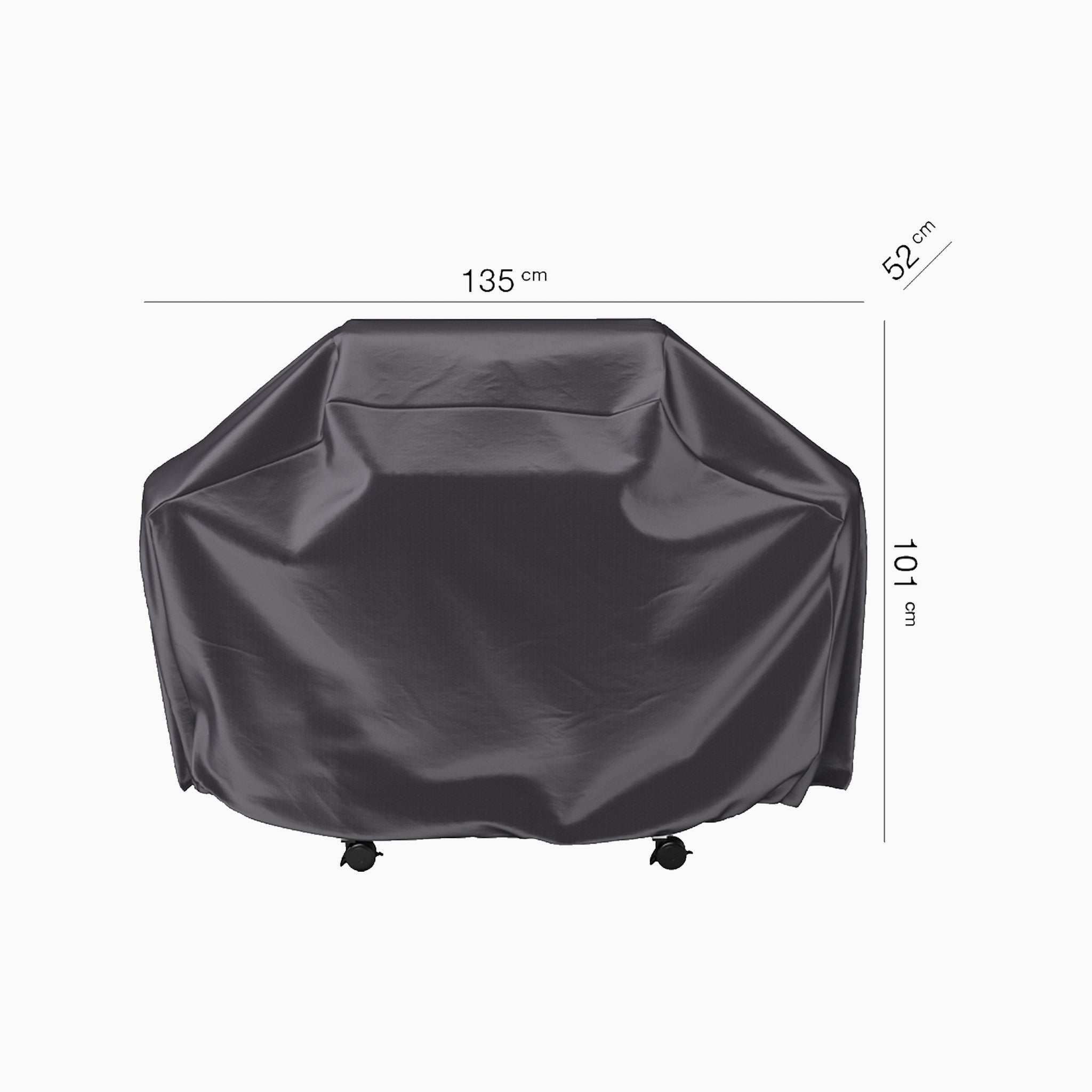 The AeroCover for gas barbecues, measuring 135 cm x 52 cm x 101 cm high, is a black cover that offers water resistance and UV protection for long-lasting durability against the elements.