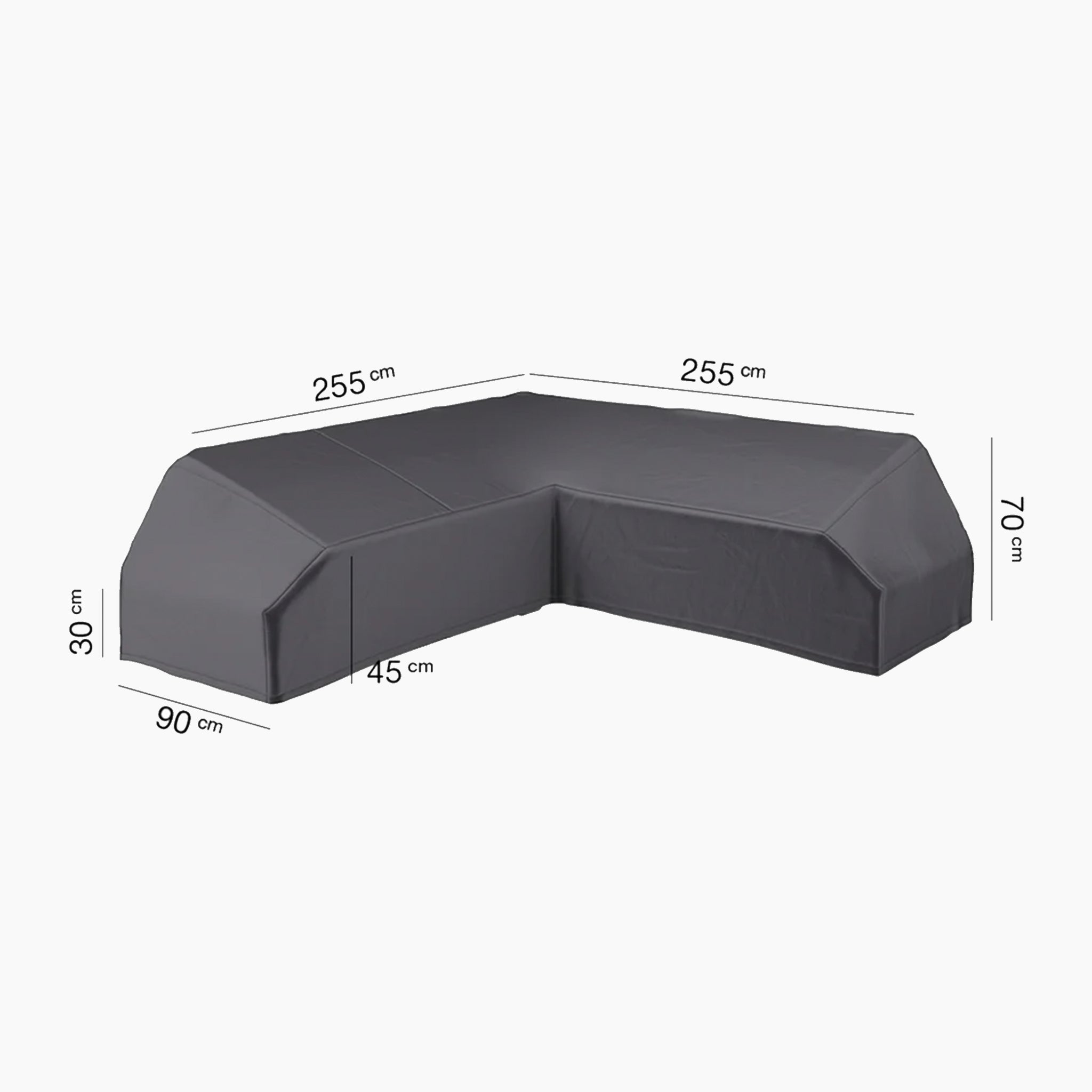 AeroCover - Platform Cover in grey, designed for L-shaped garden seating, features a UV-protective and breathable material with dimensions of 255x255x90cm and adjustable heights of 30cm, 45cm, and 70cm.