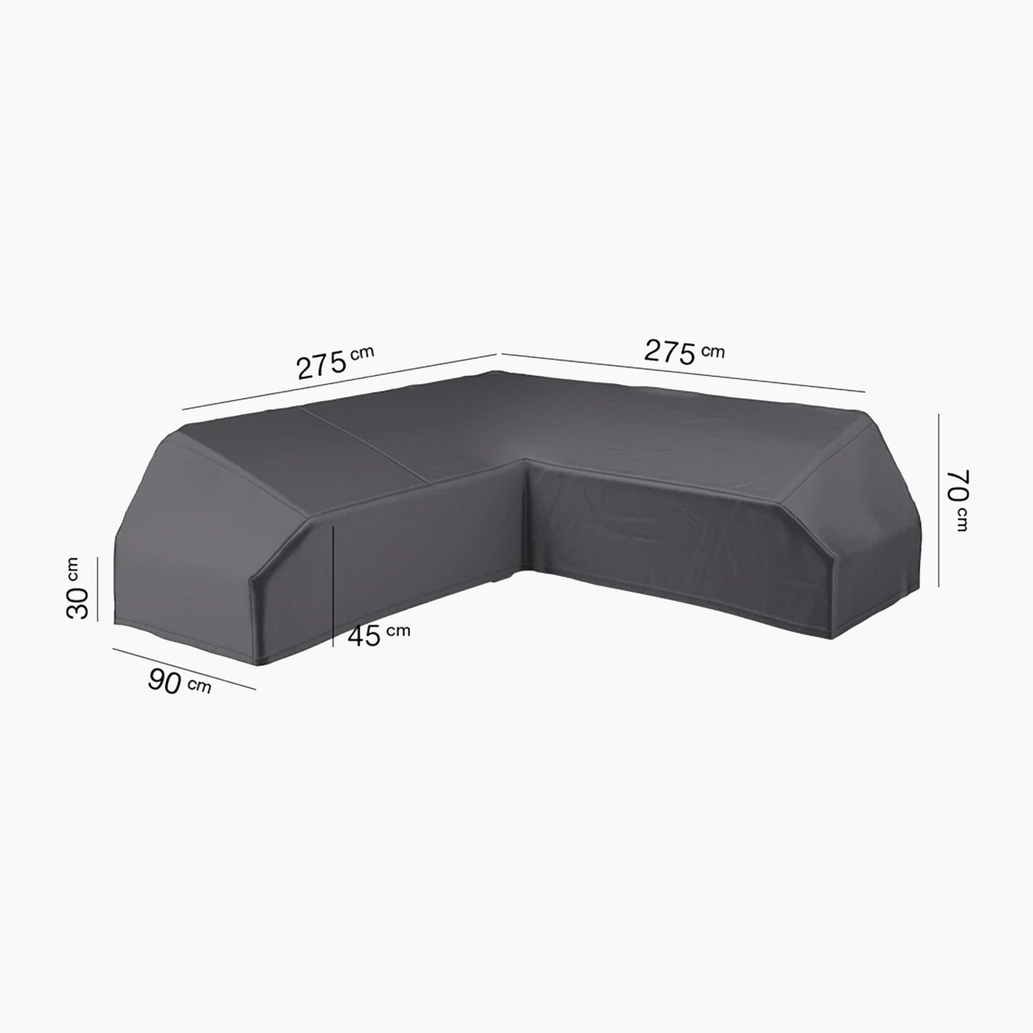 The AeroCover - Platform Cover, with dimensions of 275x275x90xH30/45/70 cm, is designed for an ideal fit for L-shaped sofas. This gray UV-protective cover ensures your furniture remains safe and stylish, suitable for both indoor use and as part of your garden seating set.