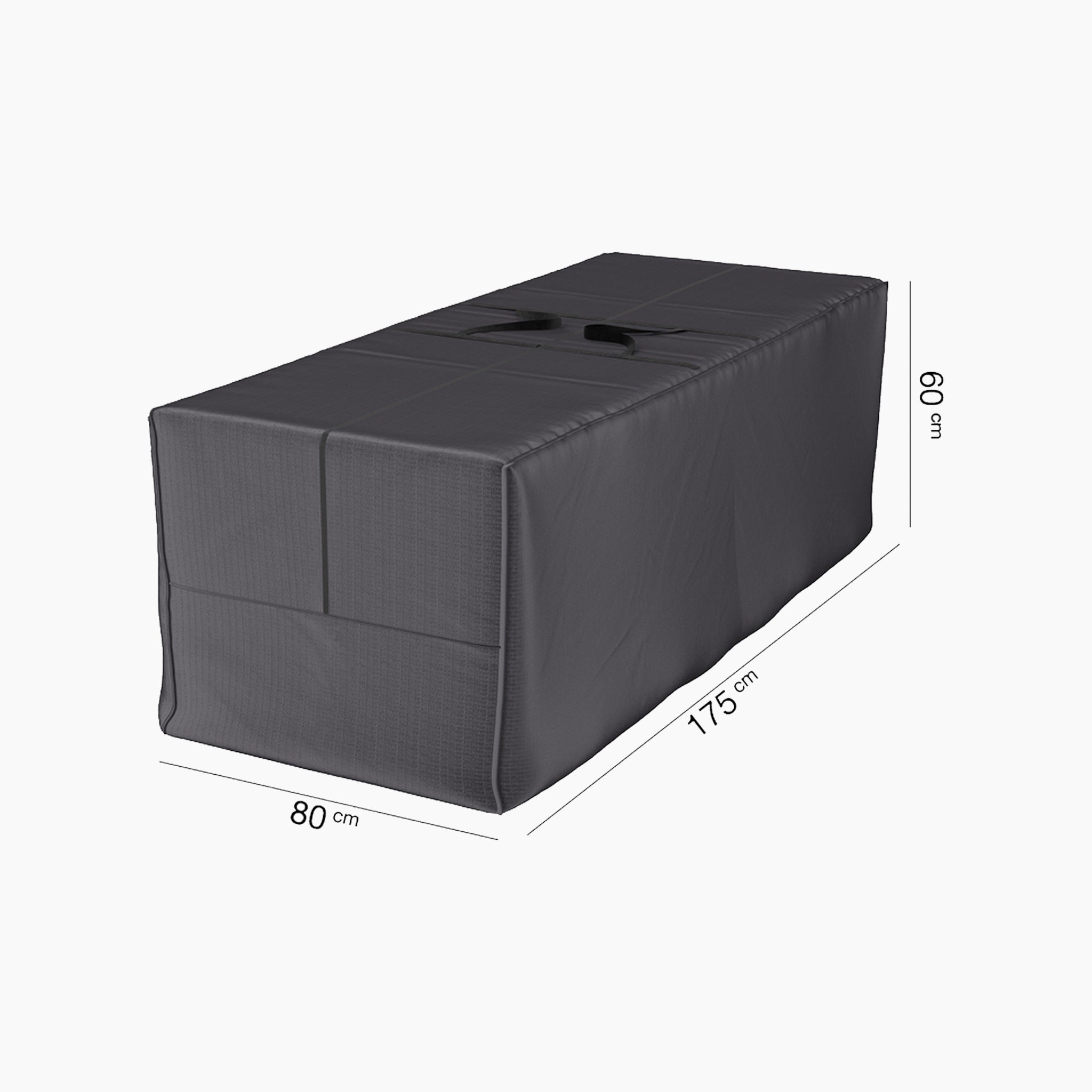 The AeroCover - Cushion Bag, tailored for garden furniture, showcases a rectangular black cover with handles and measures 175x80x60 cm, set against a white background.