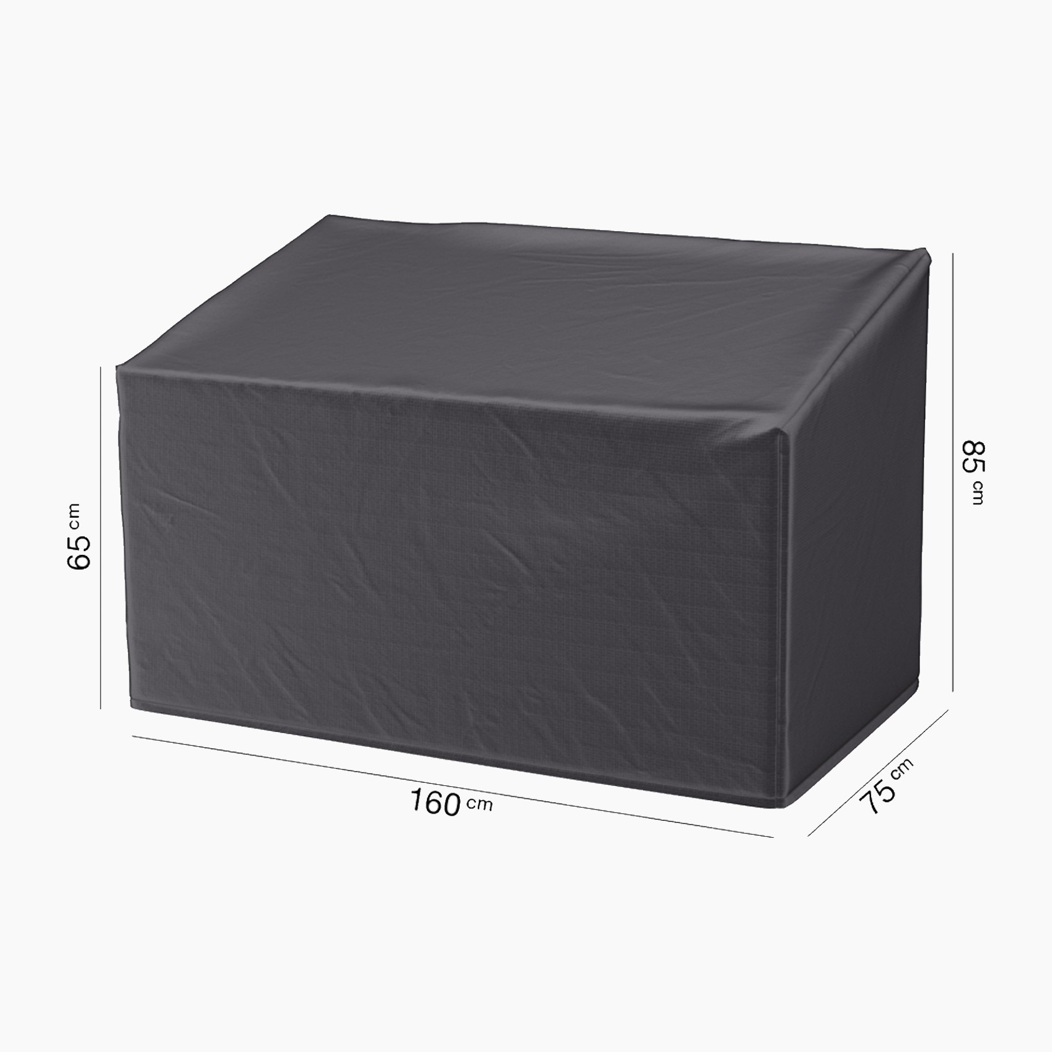 The AeroCover Garden Bench Cover, with dimensions of 160 cm in length, 75 cm in width, and a height ranging from 65 to 85 cm, is designed to protect your outdoor furniture. This black, water-resistant cover ensures both protection from the elements and a sleek appearance for your bench.