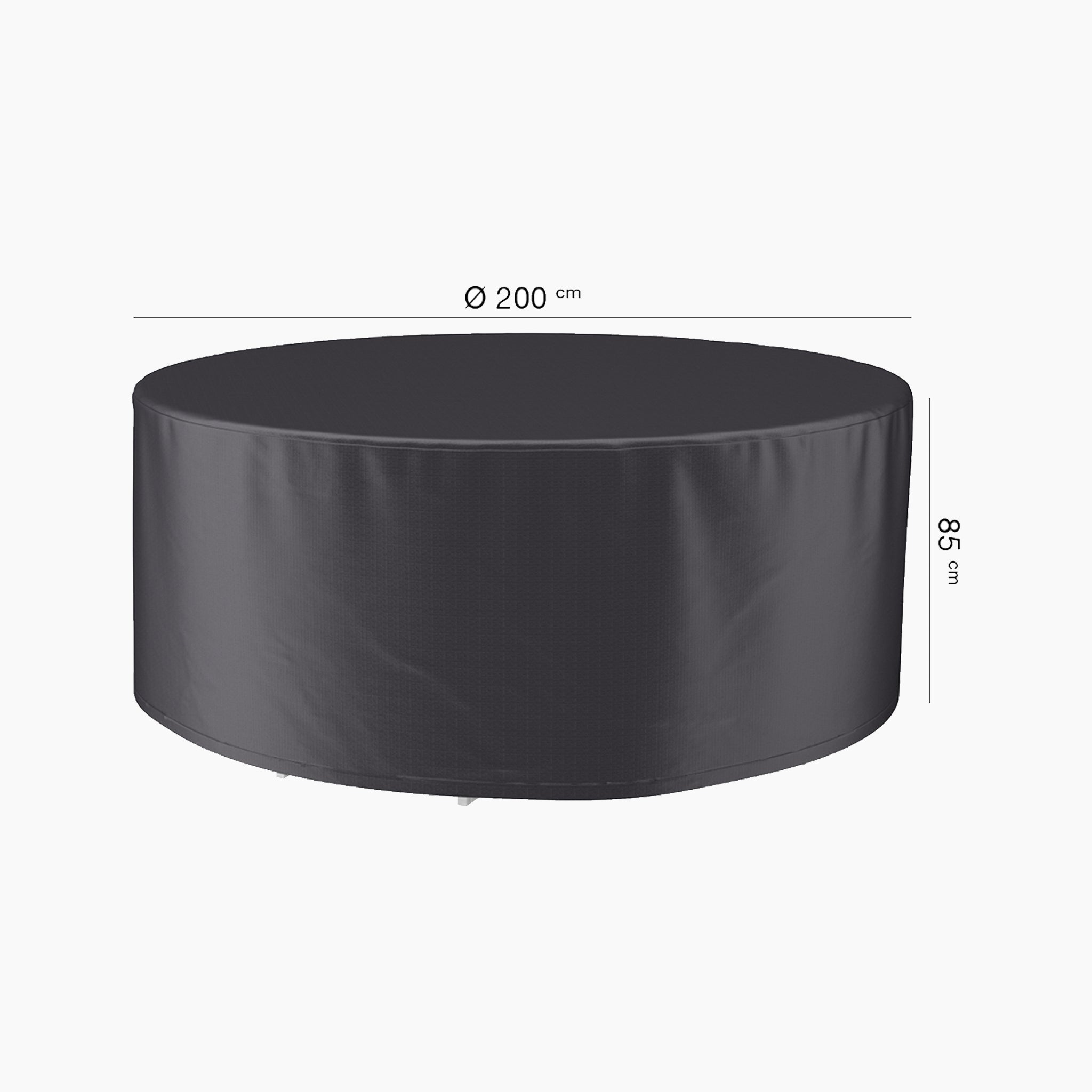 AeroCover - Garden Set Round Cover measuring 200 cm in diameter and 85 cm in height, featuring water-resistant and UV protection qualities, ideal for all-weather use on a plain background.