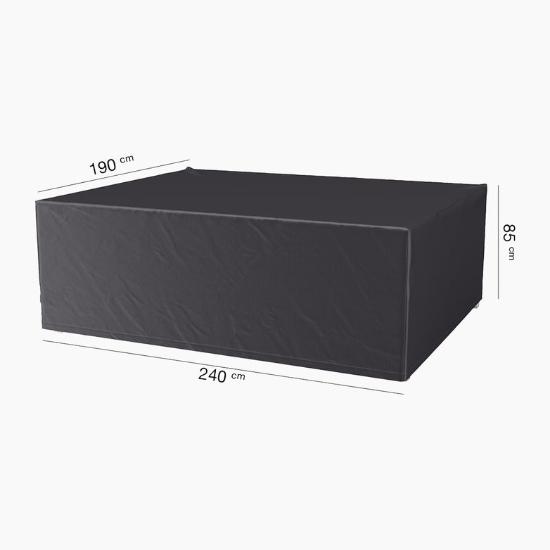 The AeroCover - Garden Bench Cover is a black rectangular table cover that is water-resistant and UV-protective, measuring 240 cm in length, 190 cm in width, and 85 cm in height. It's perfect for covering garden sets.