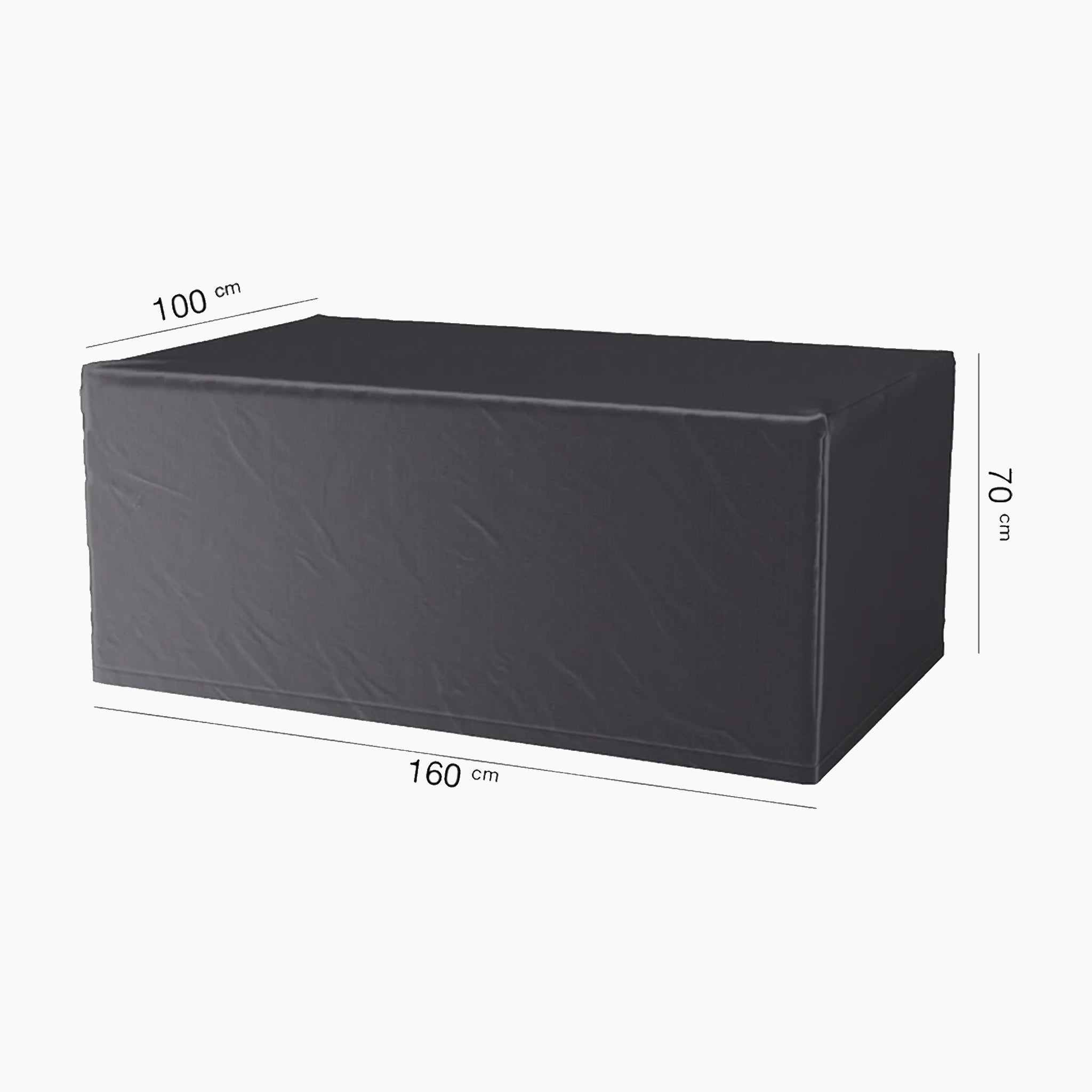 Black rectangular AeroCover table cover with UV protection, water-resistant properties, and dimensions of 160 cm x 100 cm x 70 cm.