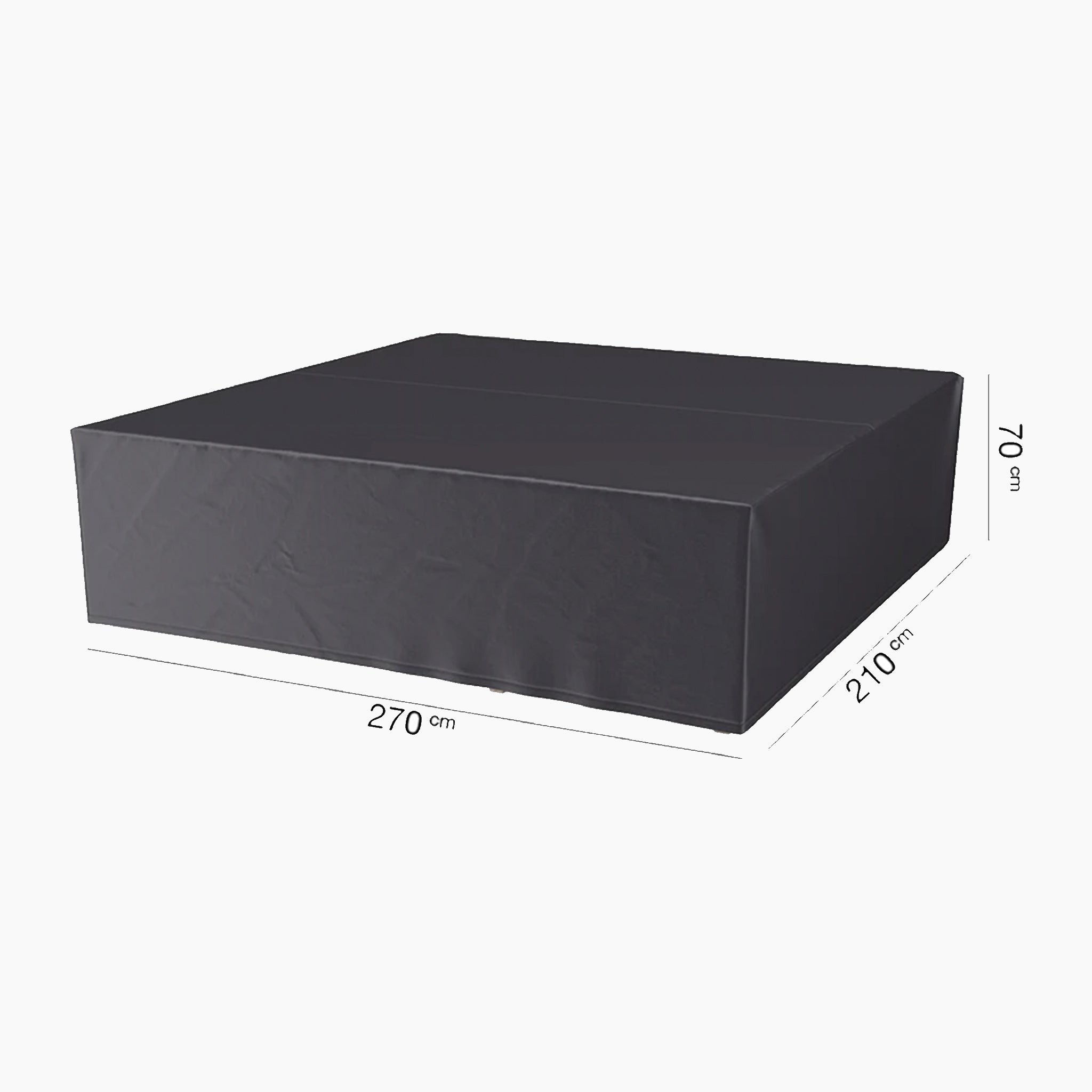 The AeroCover Lounge Set Cover, measuring 270 cm x 210 cm x 70 cm, provides water-resistant protection for outdoor furniture and is designed for a rectangular black Aerocover lounge set.